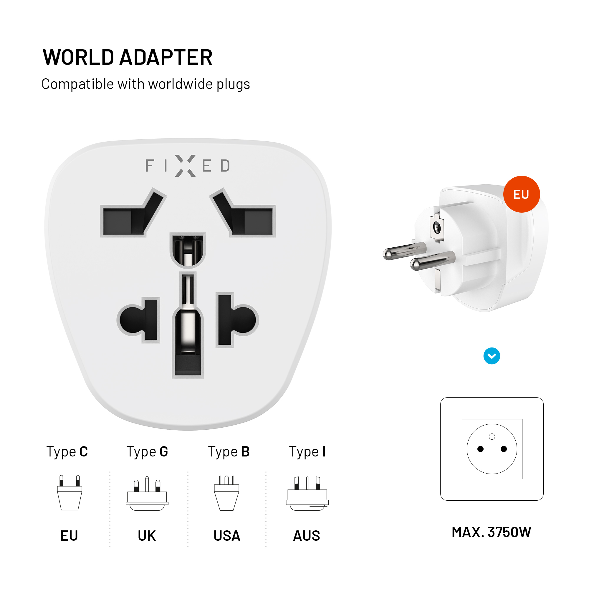 Weltadapter von FIXED mit Steckertypen C, G, B, I und EU-Kompatibilität.
