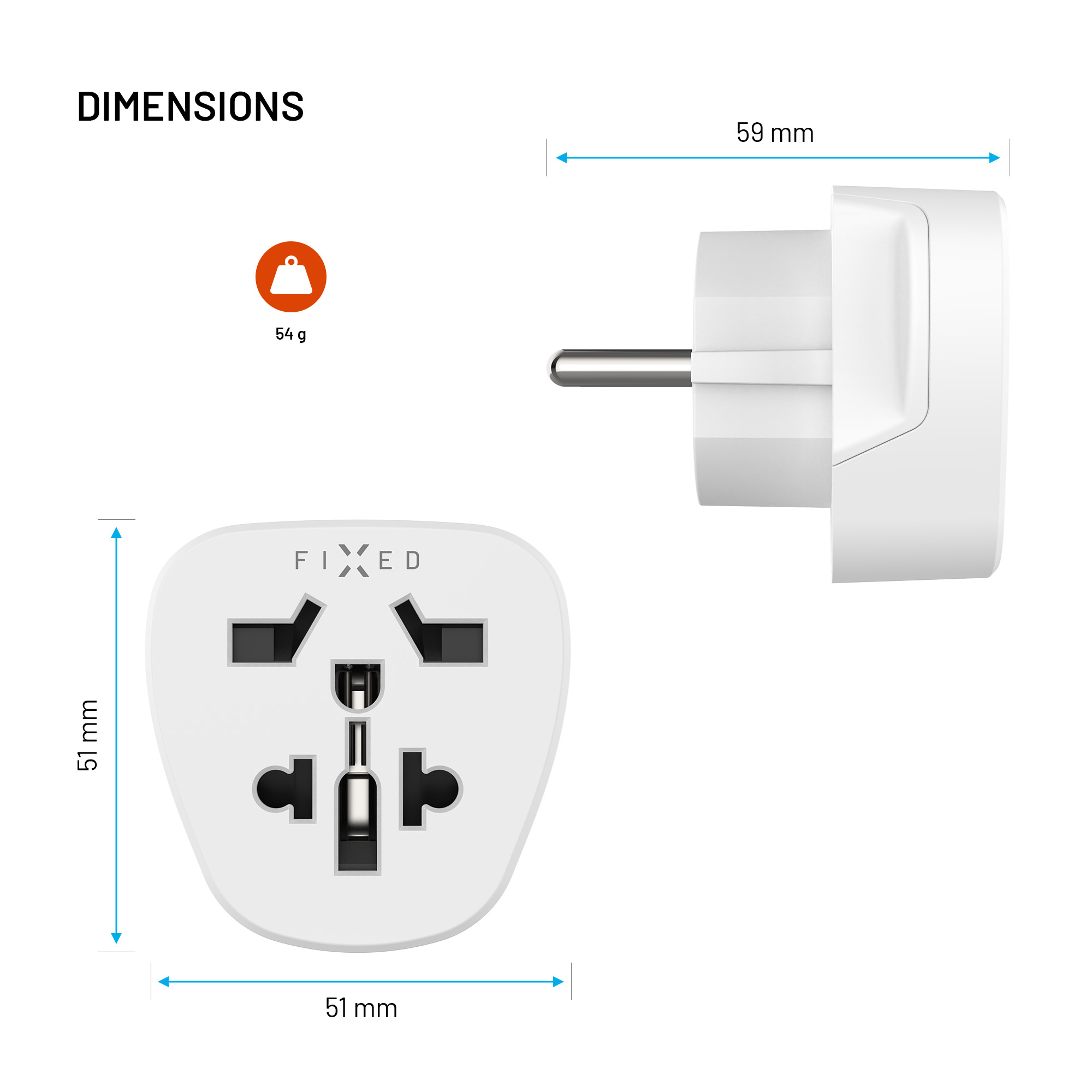 Technische Zeichnung mit Maßen eines weißen FIXD Reiseadapters: 51x51x59 mm und 54 g Gewicht.