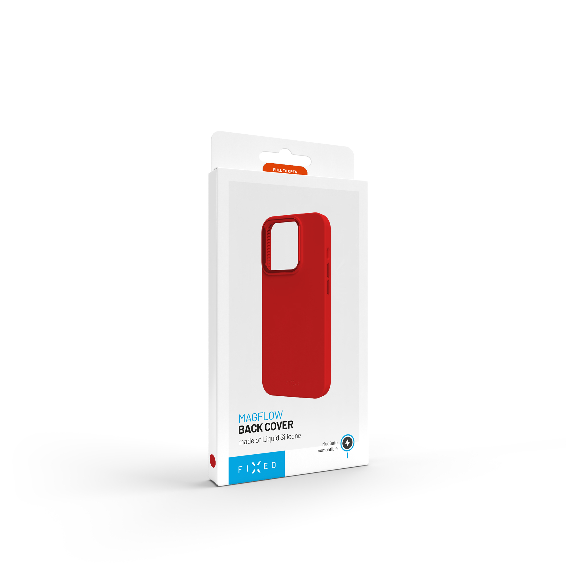 Eine weiße Verpackung für eine rote MagFlow-Silikon-Handyhülle mit der Aufschrift Fixed und MagSafe.