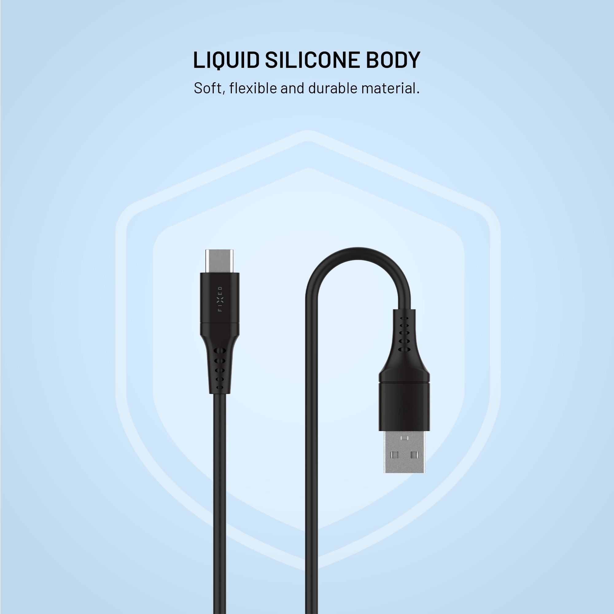 Cavo da USB-C a USB nero su sfondo chiaro con il testo 'LIQUID SILICONE BODY'.