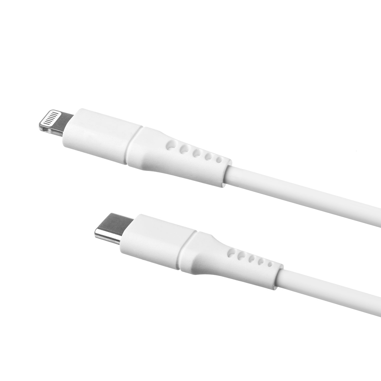 Zwei weiße Kabel, eins mit Lightning- und eins mit USB-C-Stecker, auf weißem Hintergrund.