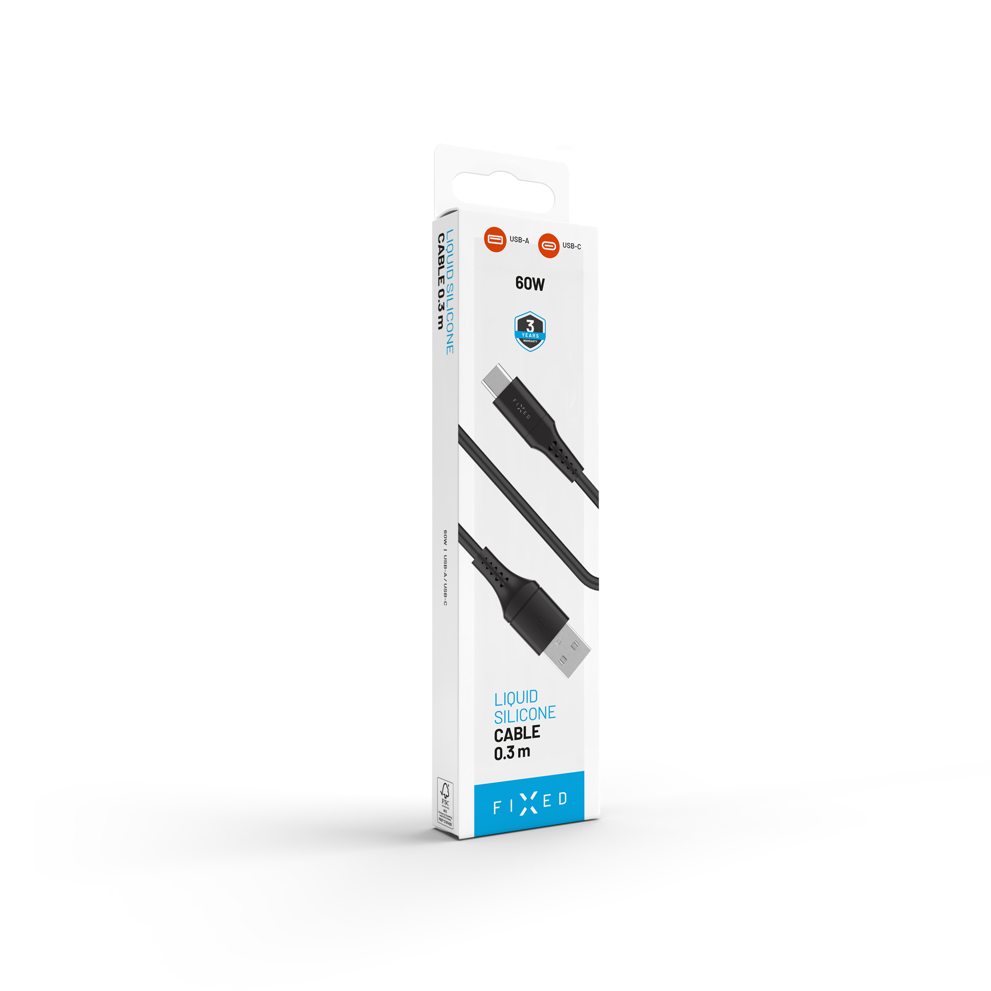 Confezione bianca per un cavo nero in silicone liquido da USB-A a USB-C di FIXED, 0,3 m.