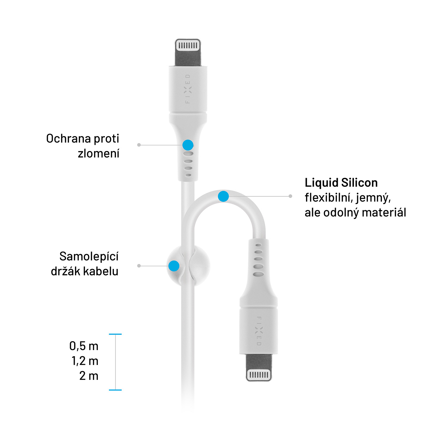 Weißes USB-Ladekabel mit Knickschutz und Klebehalter, Infotext auf Tschechisch.