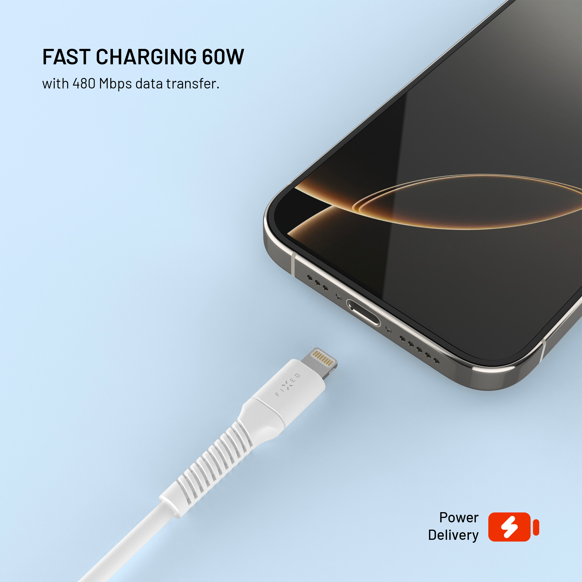 Ein weißes Ladekabel wird an die Unterseite eines Smartphones angeschlossen. Text links bewirbt schnelles Laden.