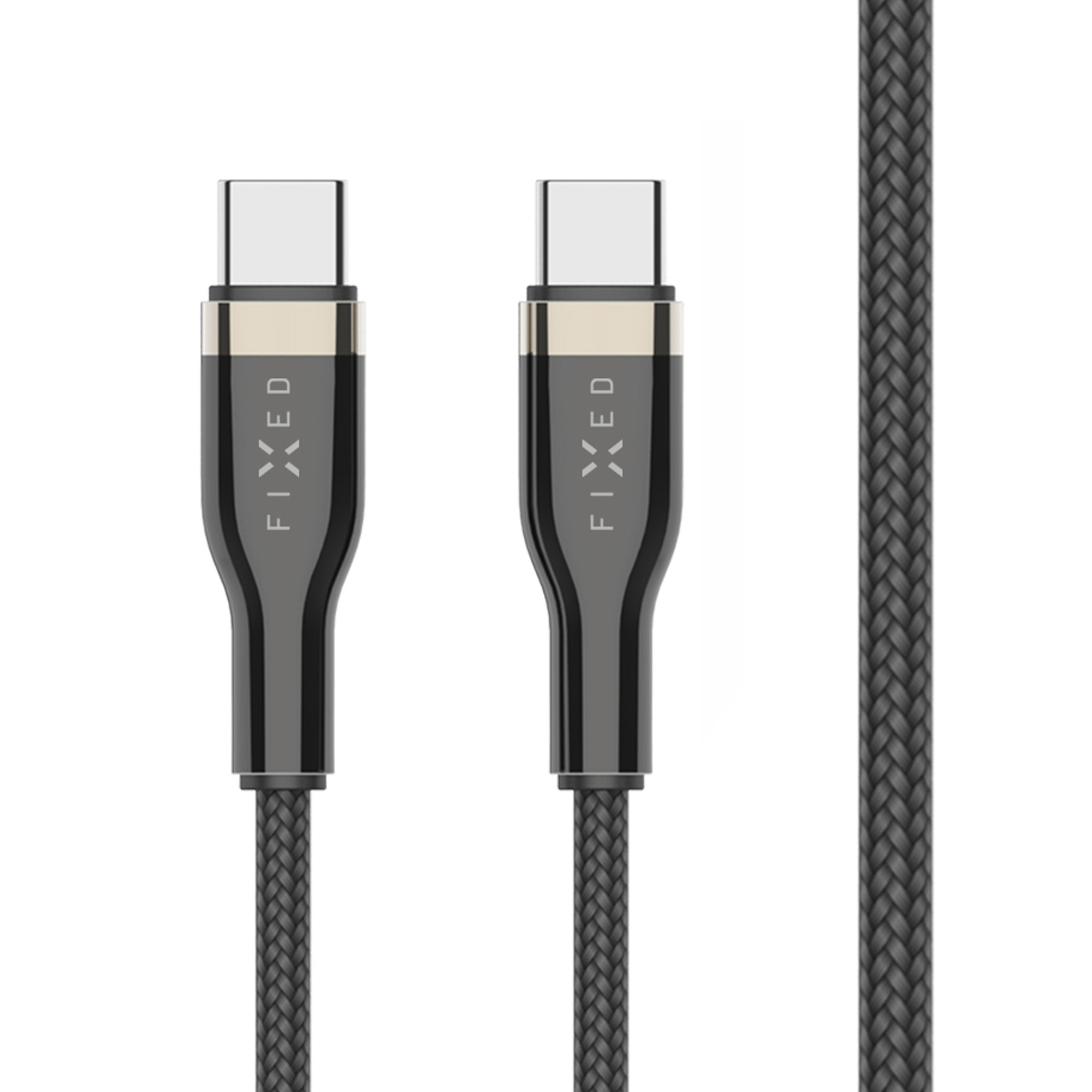 Zwei USB-C-Kabel mit grauem Geflecht und dem Markenlogo FIXED auf den Anschlüssen vor weißem Hintergrund.