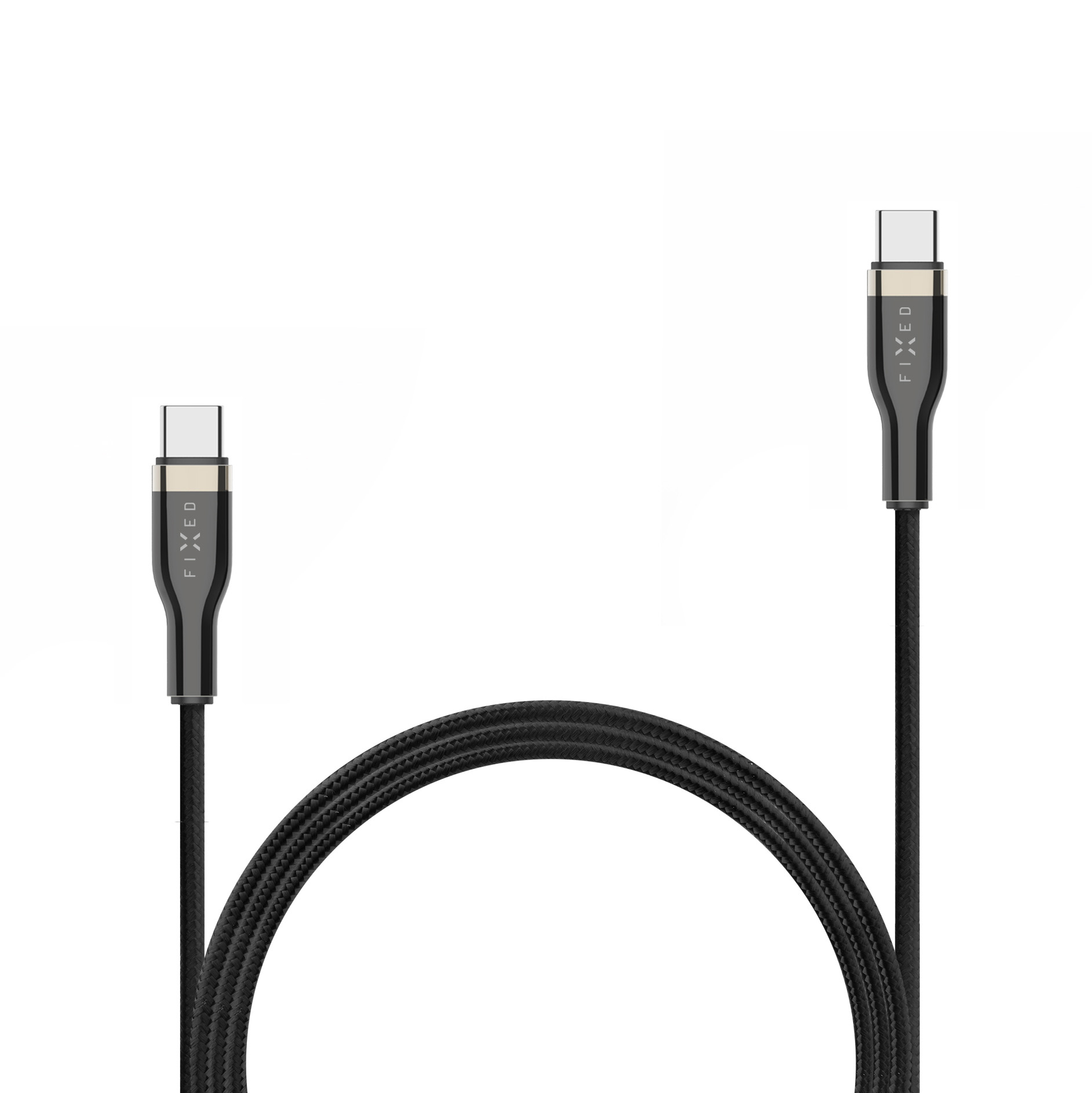 Ein schwarzes geflochtenes USB-C-Kabel mit metallgrauen Anschlüssen auf weißem Hintergrund.
