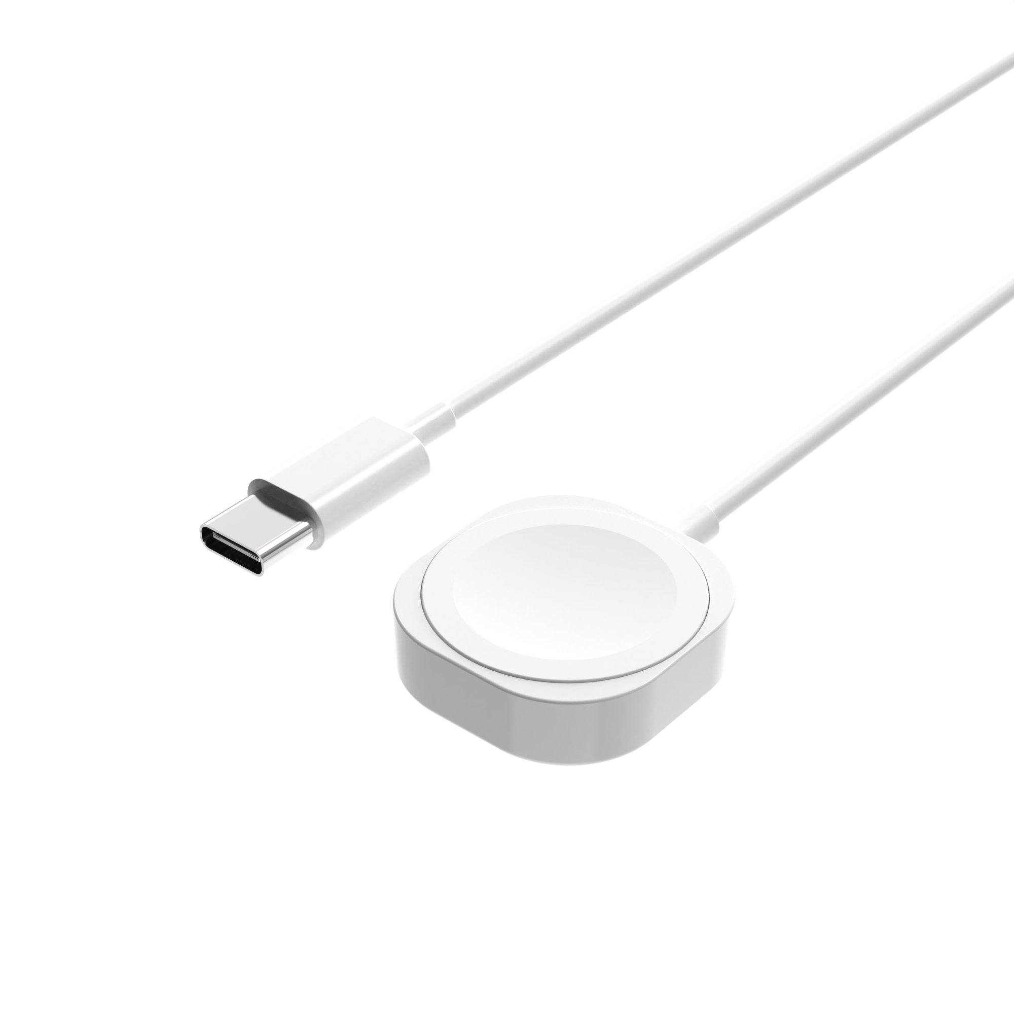 Cable de carga blanco para reloj inteligente con conector USB-C sobre fondo blanco.