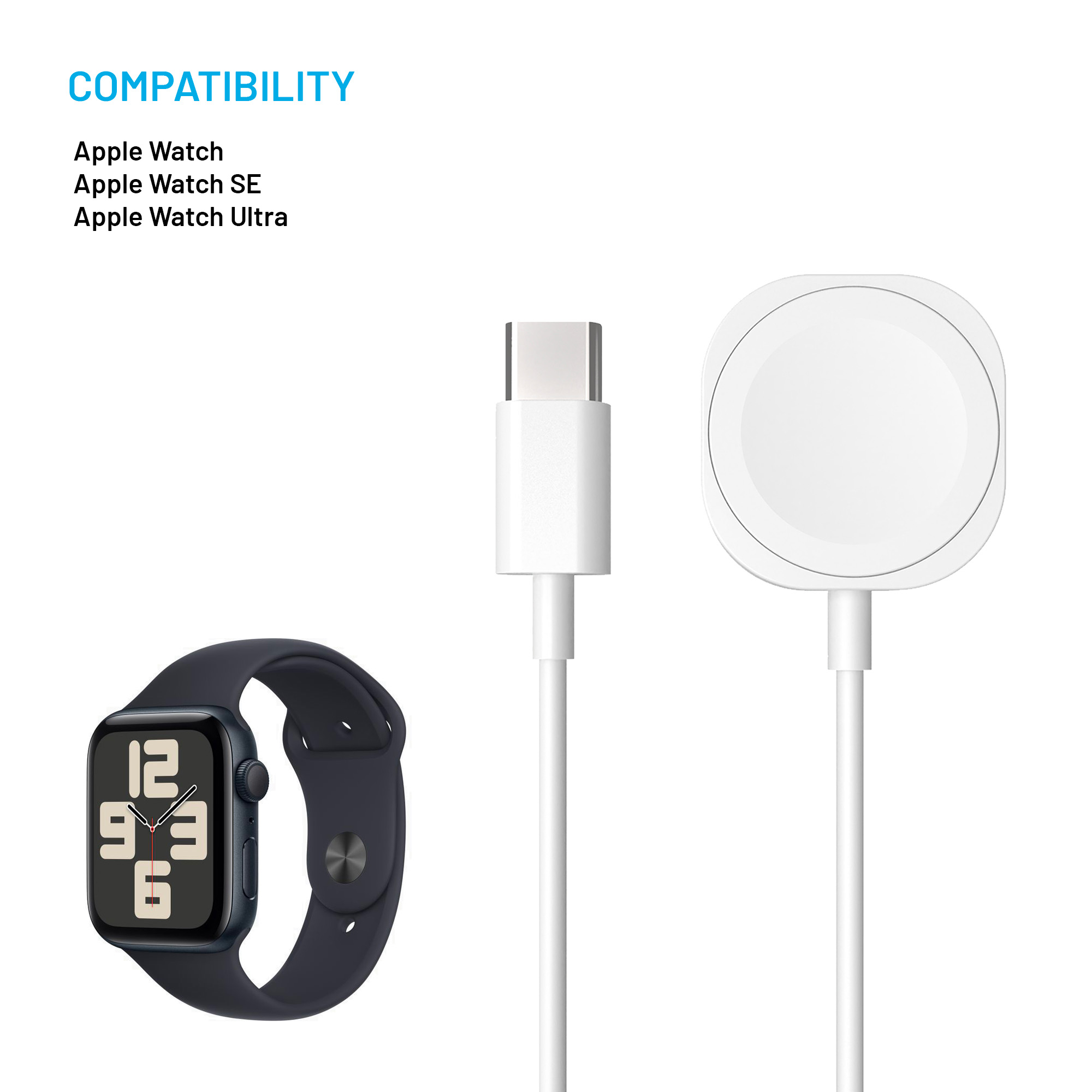 Lista de compatibilidad, Apple Watch negro, conector USB-C y cable de carga magnética blanco sobre fondo blanco.