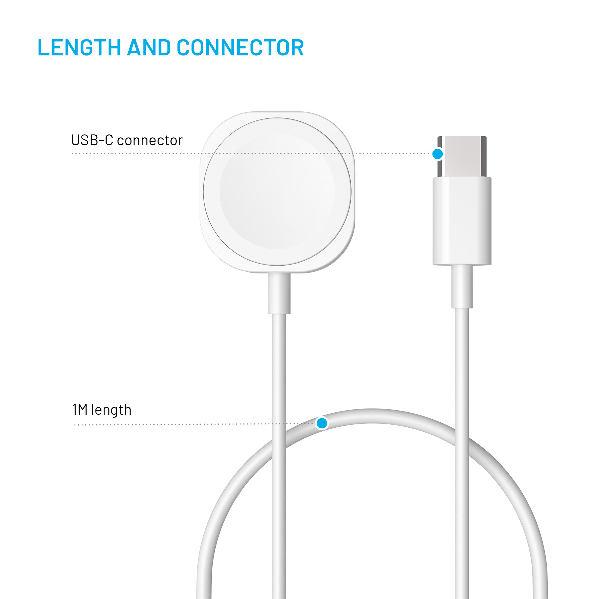 Diagrama que muestra un cable de carga de 1m para Apple Watch con conector USB-C.