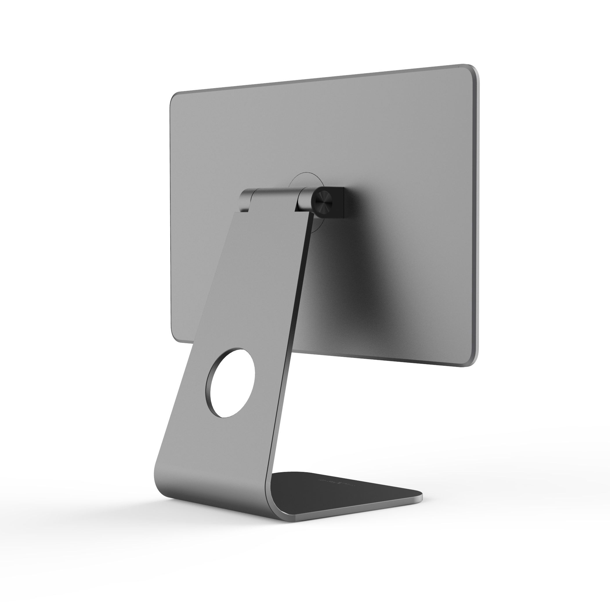 Rückansicht eines grauen Computerbildschirms mit einem massiven Metallstandfuß und einer runden Öffnung.