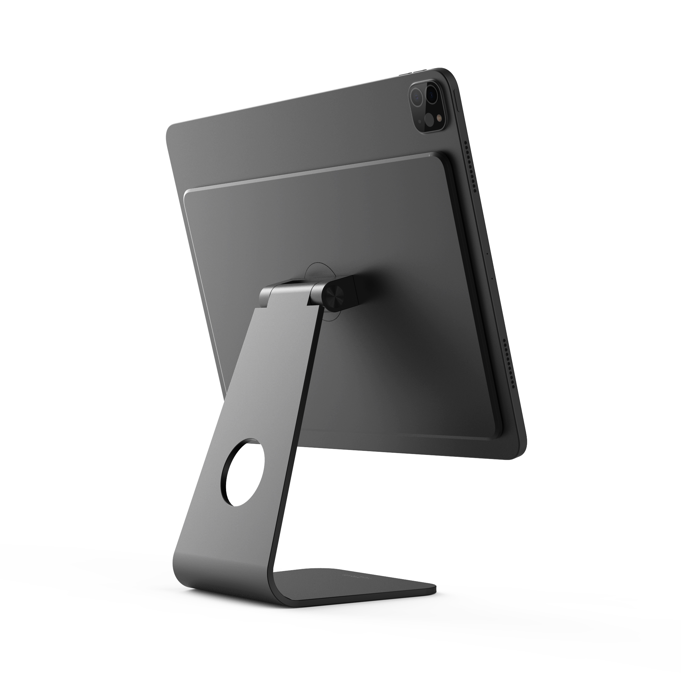 Ein graues Tablet ist auf einem passenden Ständer befestigt, der auf einer weißen Oberfläche steht.