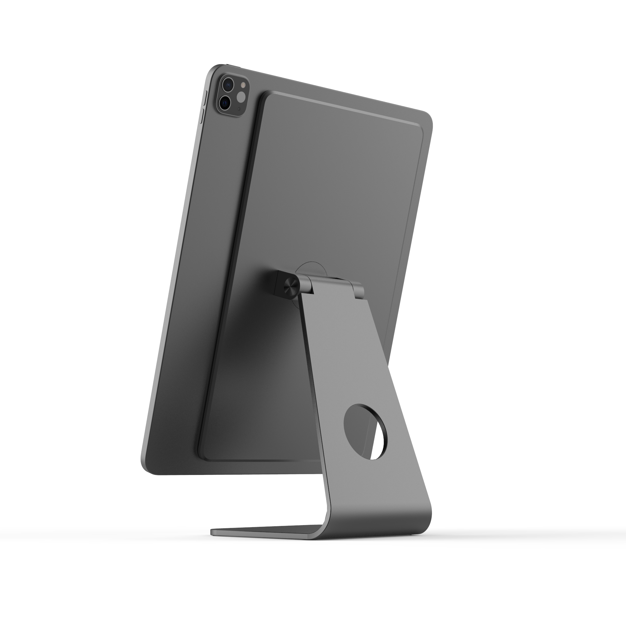 Ein graues Tablet ist auf einem passenden grauen Standfuß auf einer weißen Oberfläche befestigt.