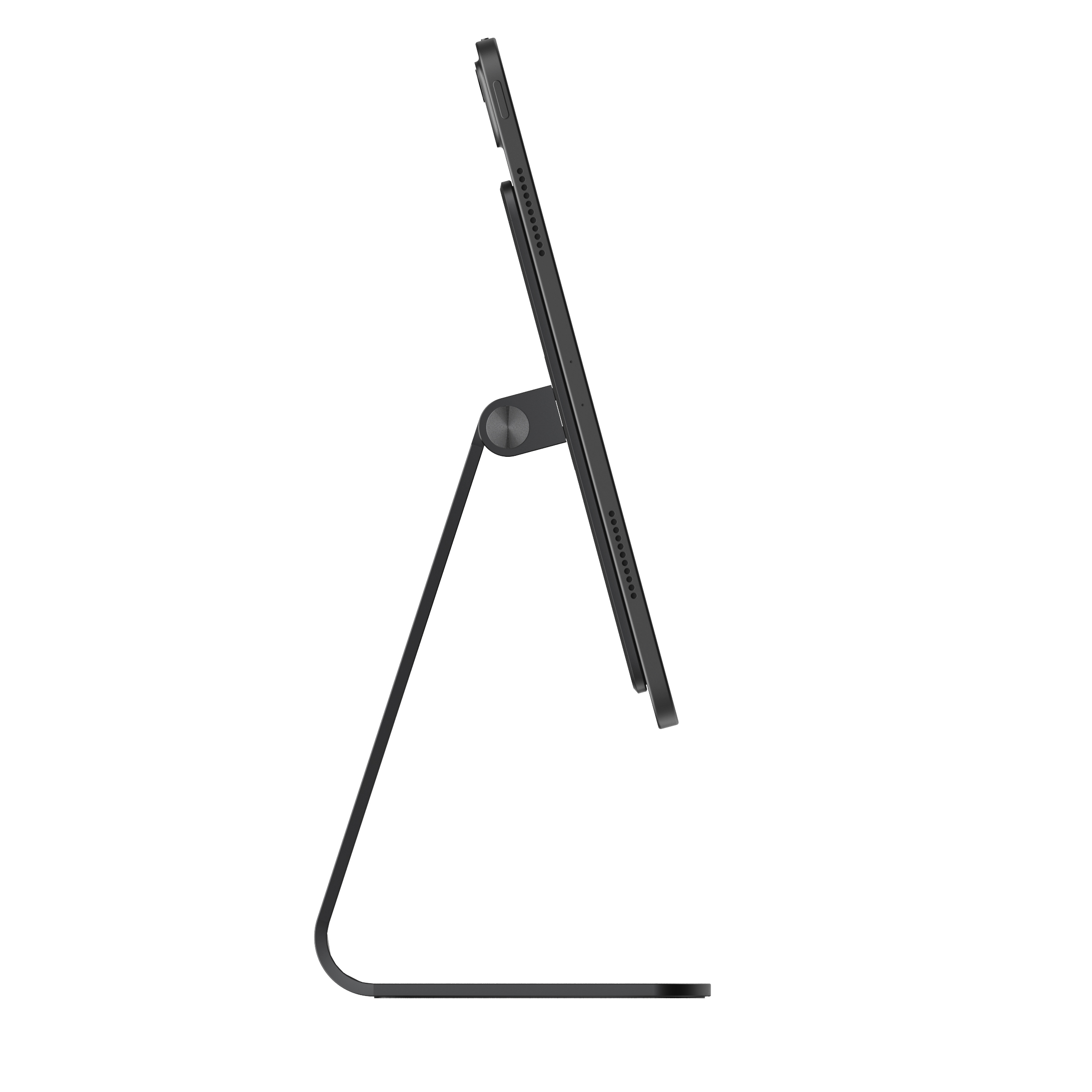Ein schwarzes Tablet auf einem minimalistischen Metallständer, seitlich vor weißem Hintergrund.