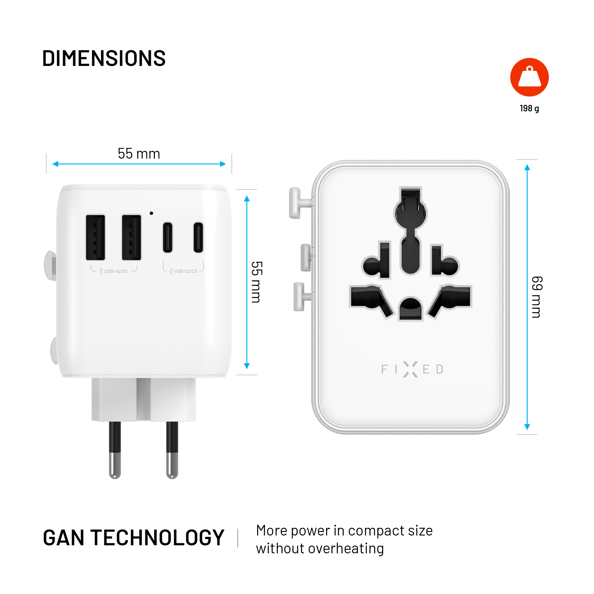 Weißer Reiseadapter mit Maßen 55x55x69 mm, USB-Anschlüssen, 198g Gewicht und GaN-Technologie.