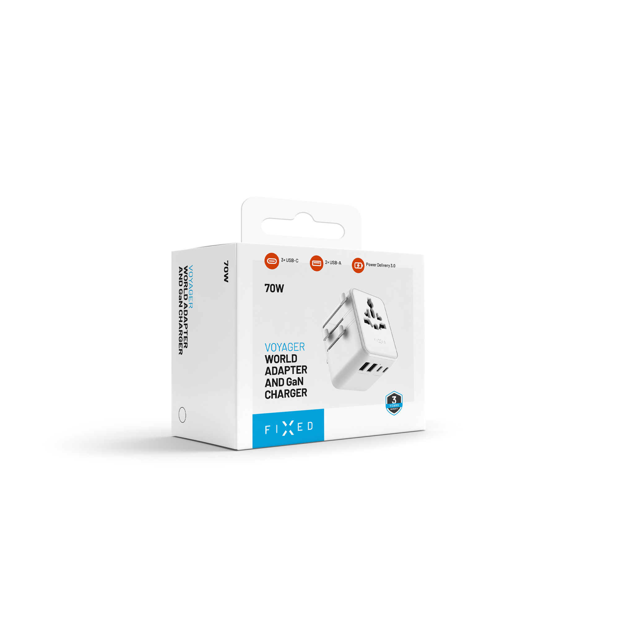 Weiße Verpackung des FIXED Voyager Weltadapters mit Bild und Produktdetails auf weißem Hintergrund.