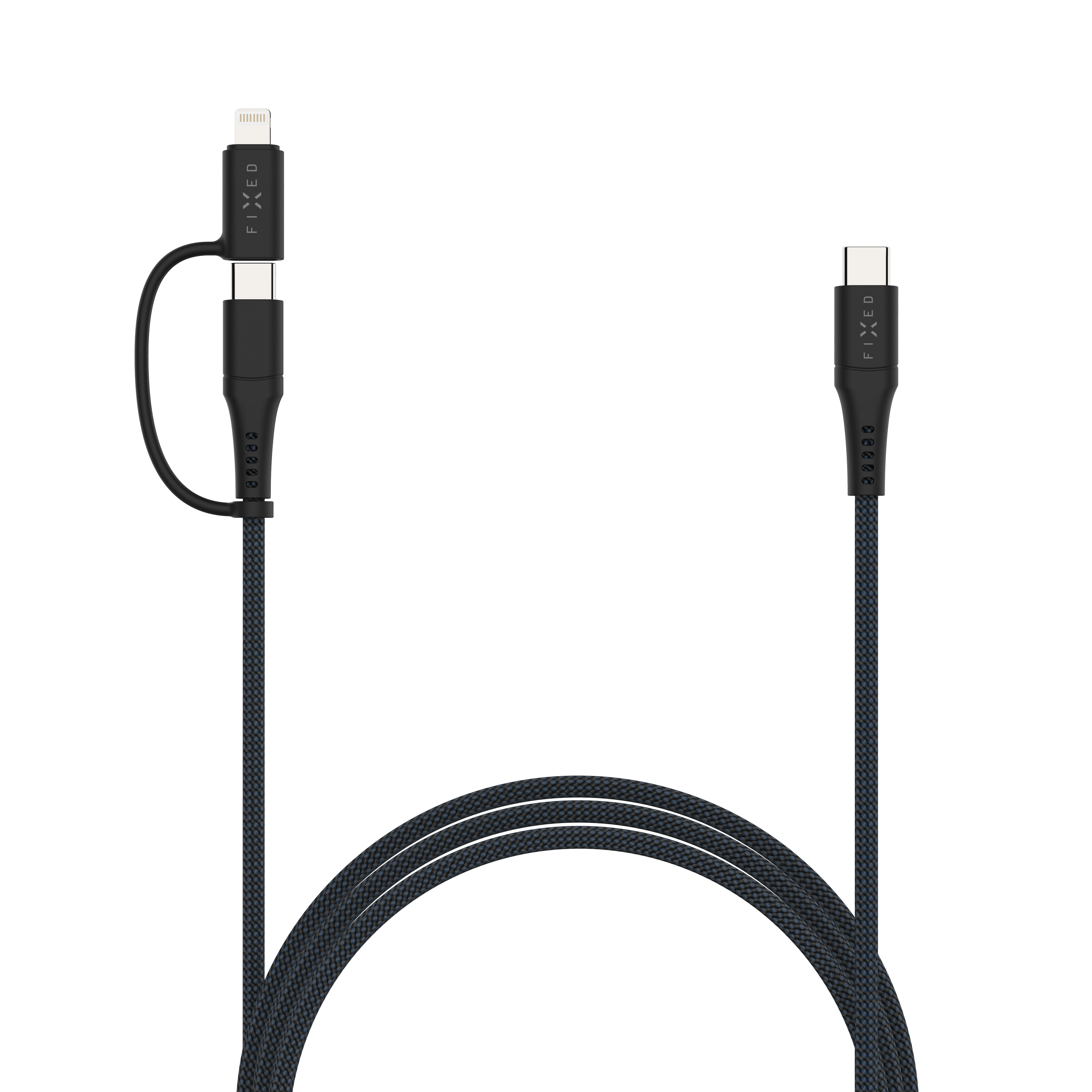 Ein schwarzes, geflochtenes USB-Kabel mit USB-C- und Lightning-Anschlüssen vor weißem Hintergrund.
