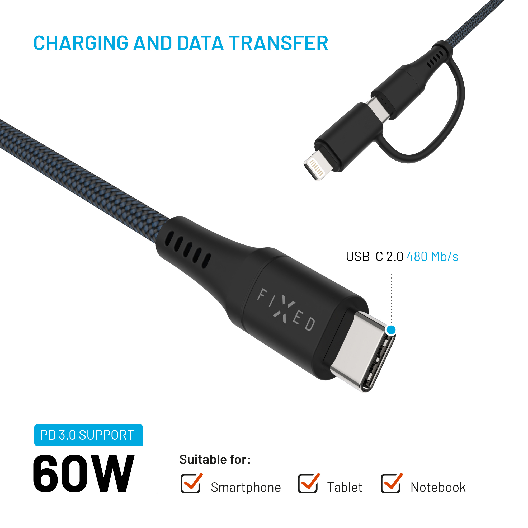 Stoffummanteltes USB-C zu Lightning Ladekabel mit 60W PD-Unterstützung für Smartphones, Tablets und Notebooks.