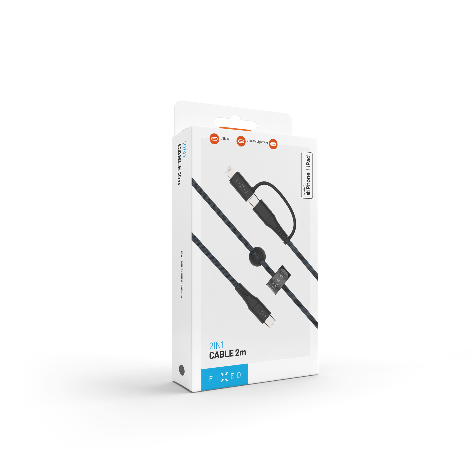 Weiße Produktverpackung für ein FIXED 2in1 2m Kabel mit USB-C und Lightning Anschlüssen.
