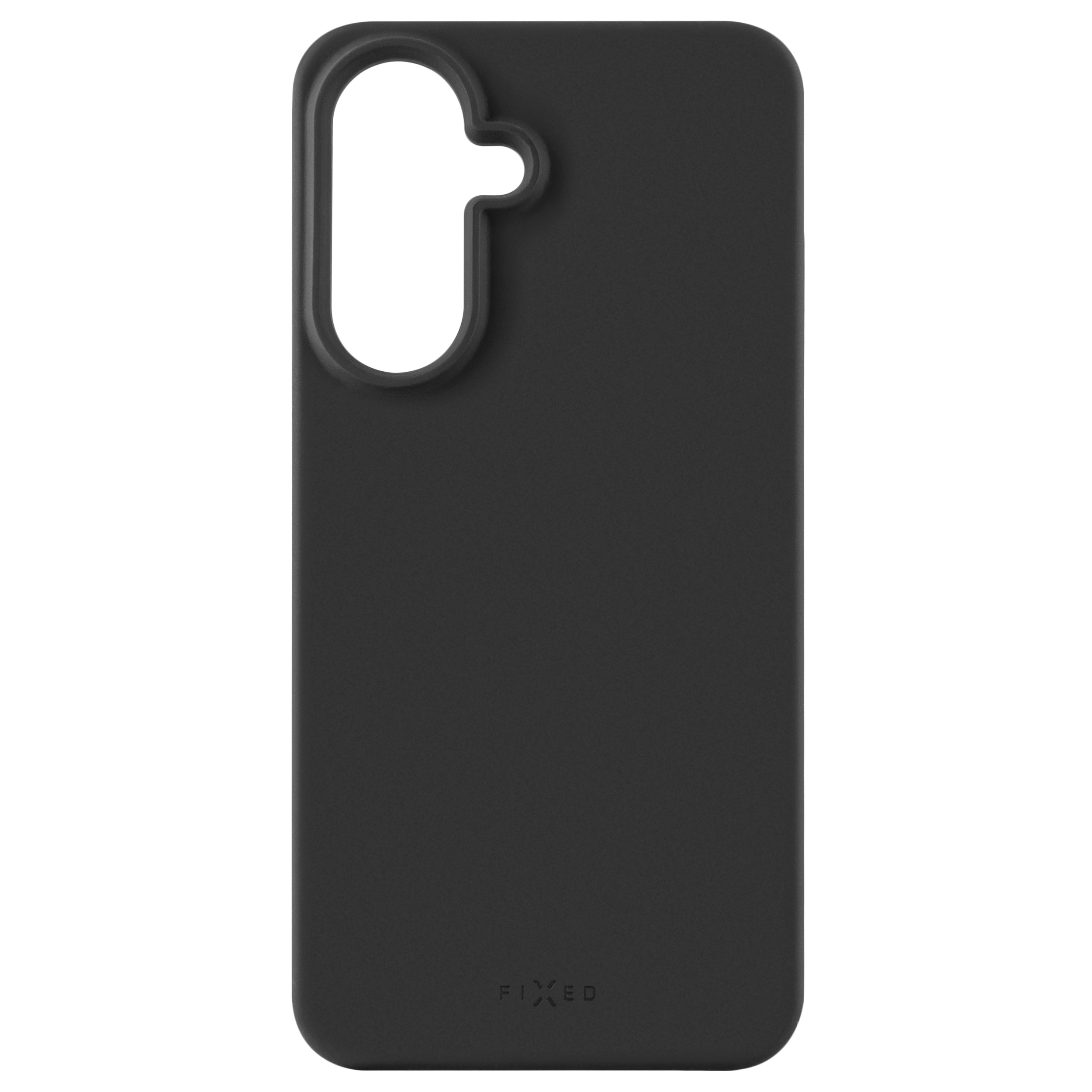 Schwarze Schutzhülle für ein Smartphone mit Aussparungen für die Kamera und dem FIXED-Logo.