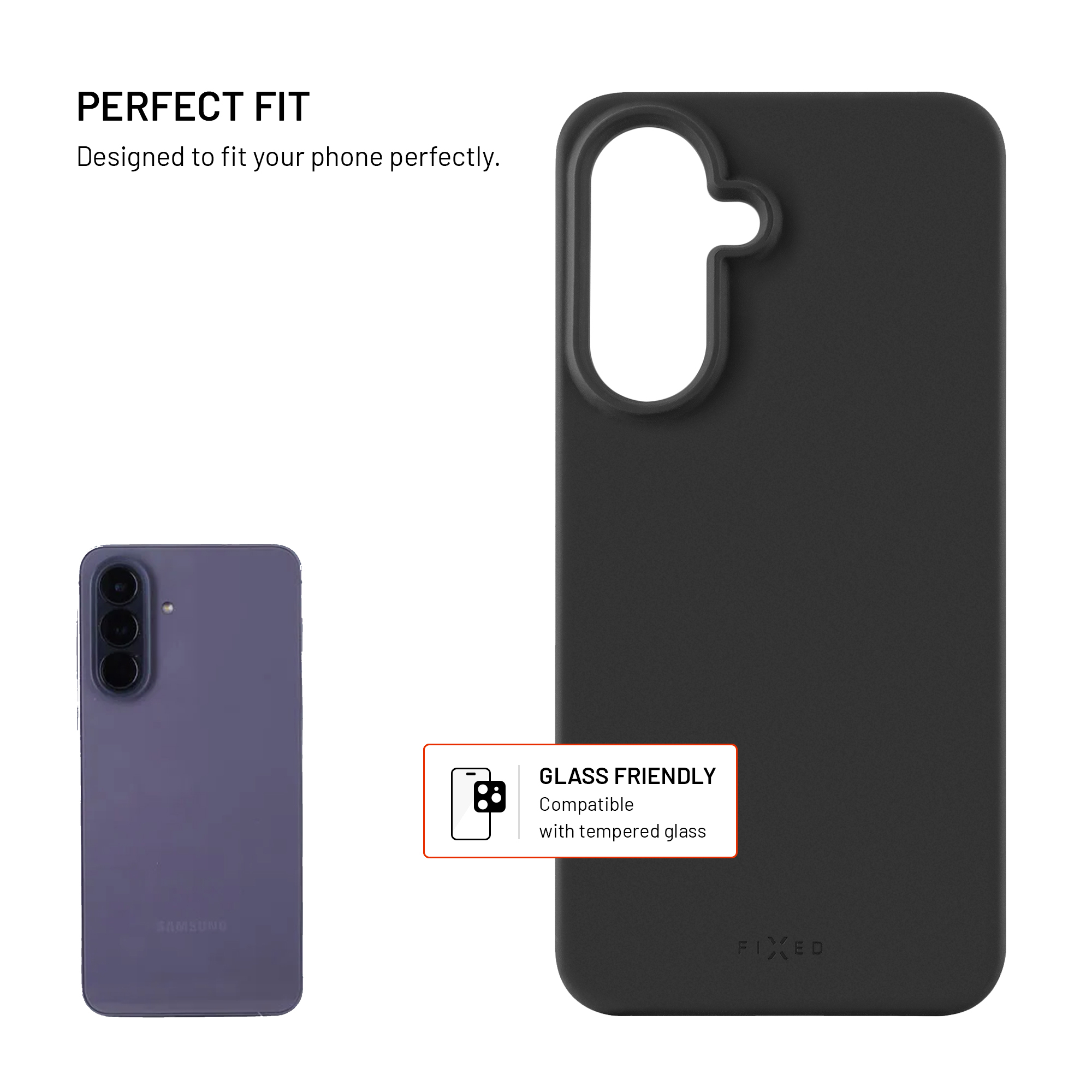 Schwarze Handyhülle neben einem lila Smartphone mit Text über perfekte Passform und Glasverträglichkeit.