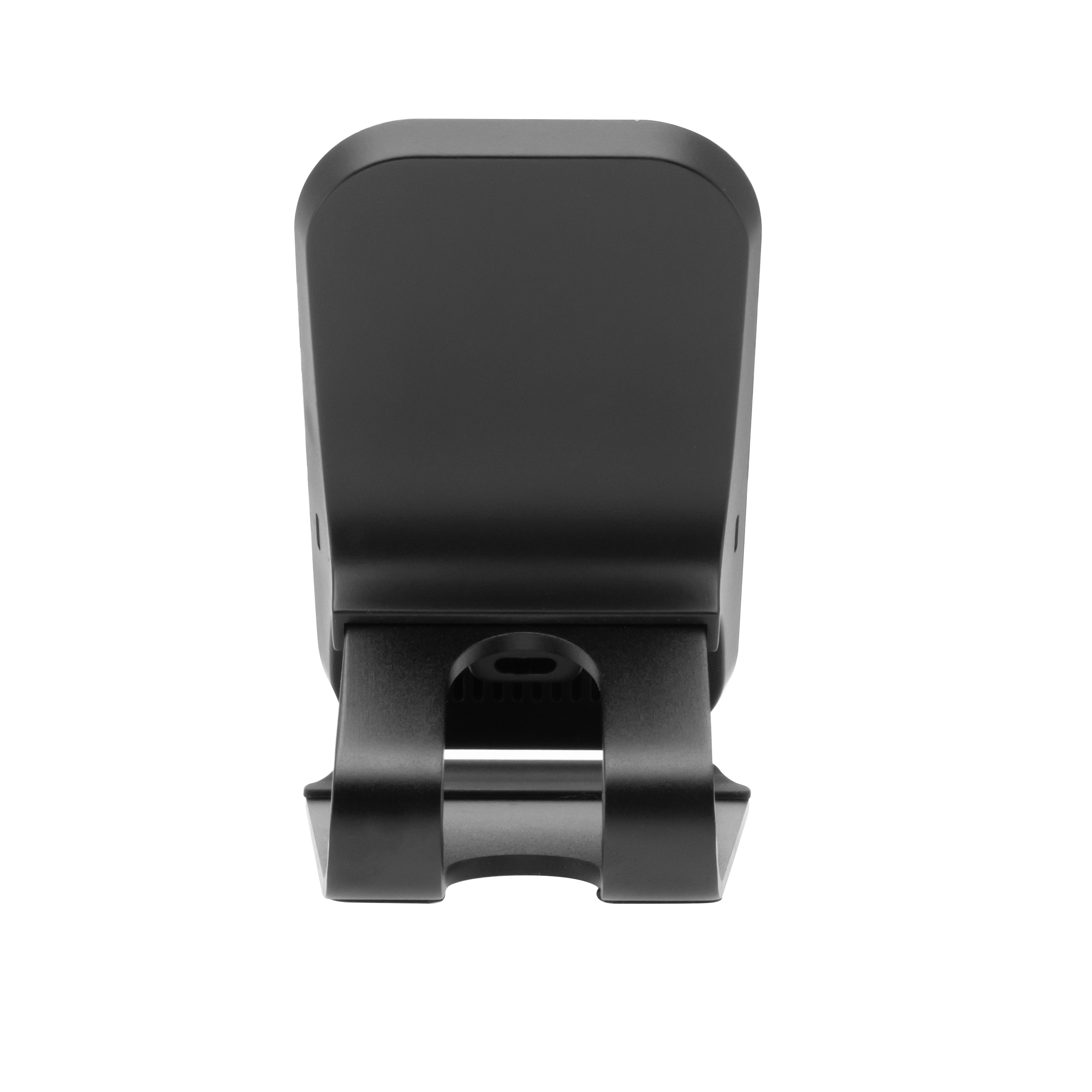 Ein schwarzer, verstellbarer Smartphone-Halter auf einem weißen Hintergrund.