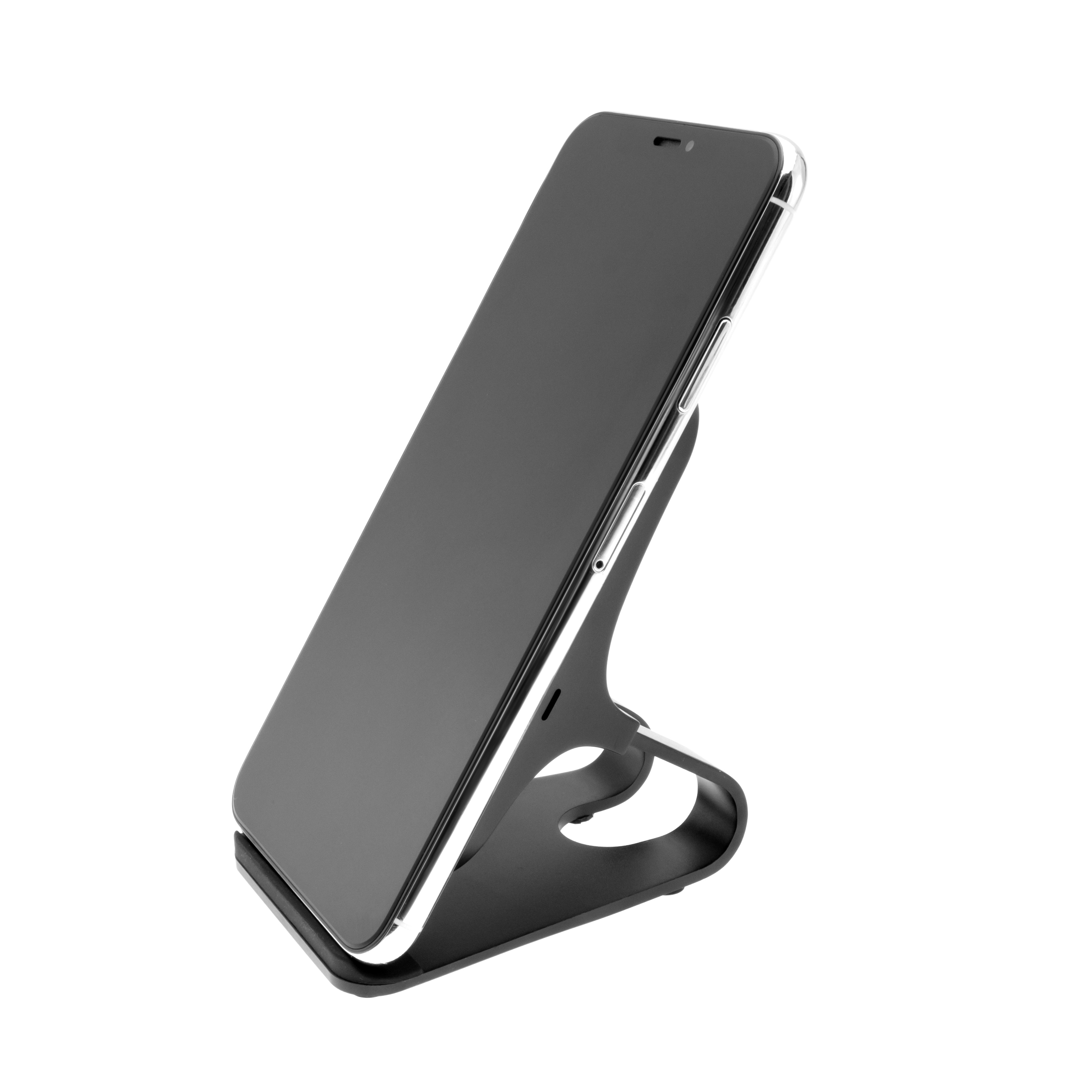 Ein Smartphone auf einem schwarzen, geschwungenen Desktop-Ladeständer vor weißem Hintergrund.
