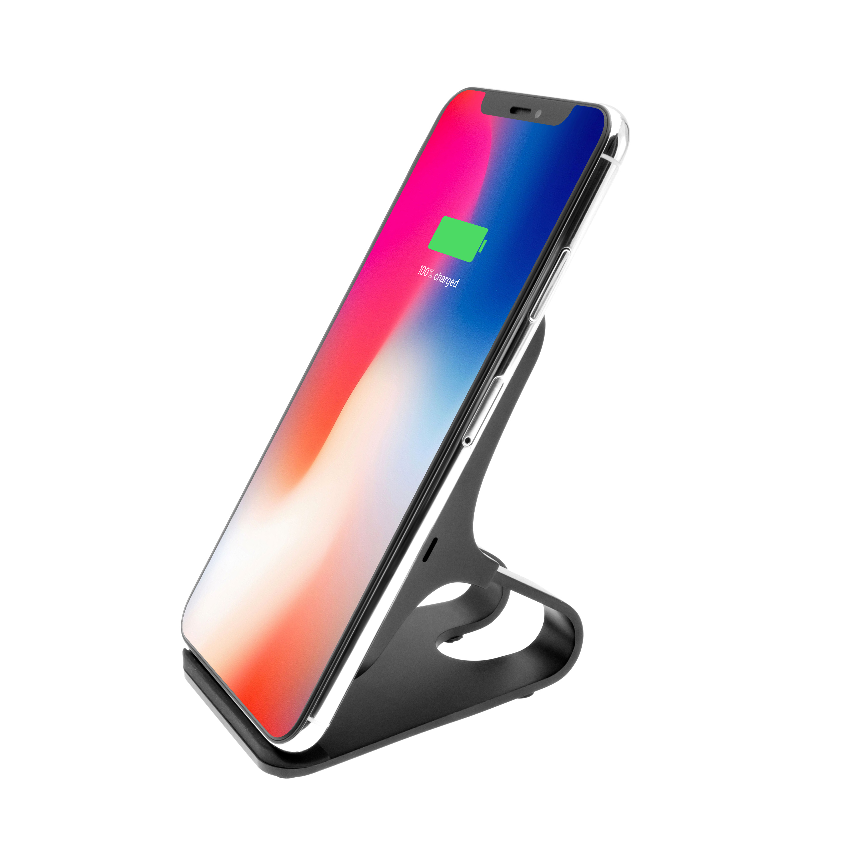 Ein Smartphone auf einem schwarzen Ständer zeigt 100% Ladung auf dem bunten Bildschirm.