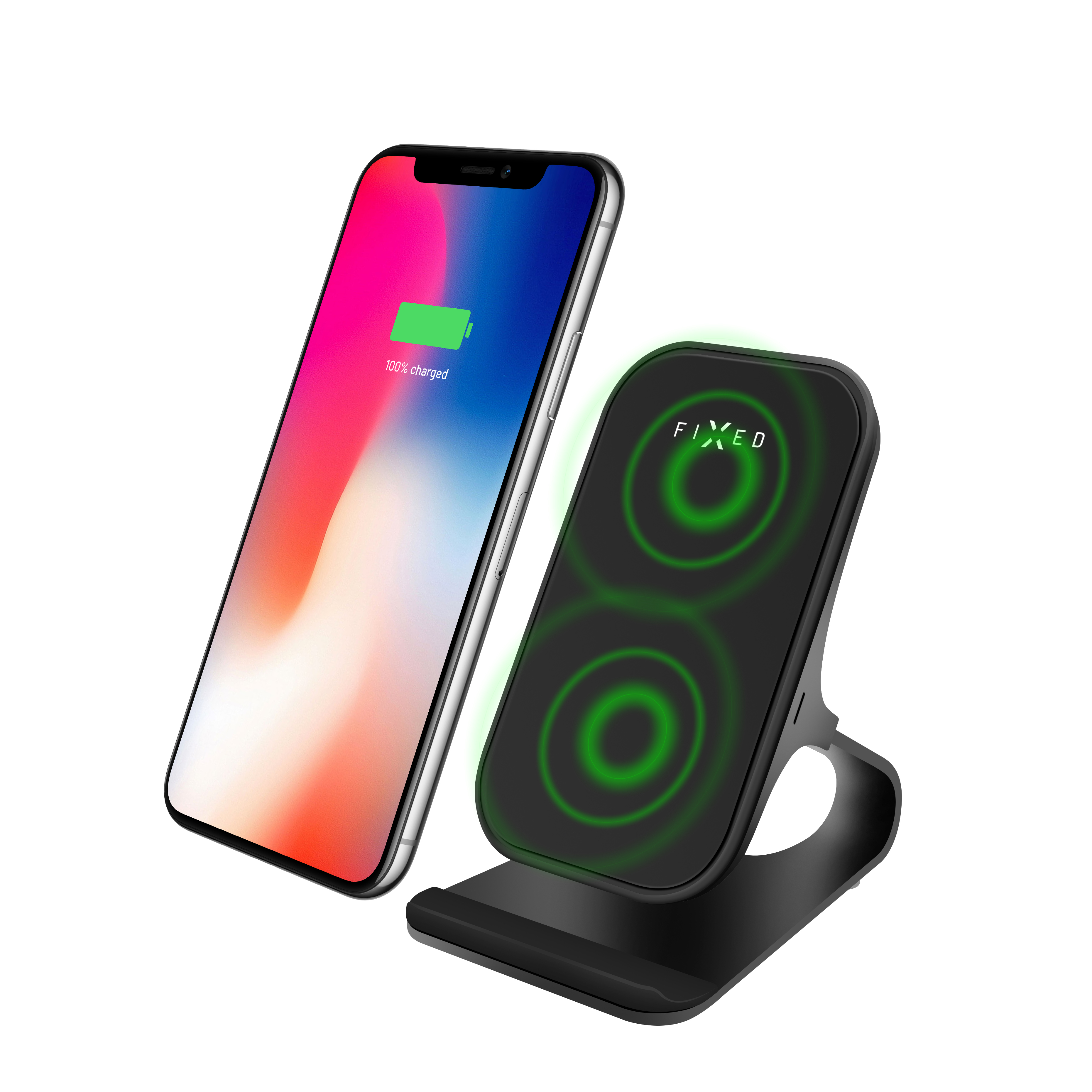Ein Smartphone mit 100% Ladung steht neben einer schwarzen kabellosen Ladestation.