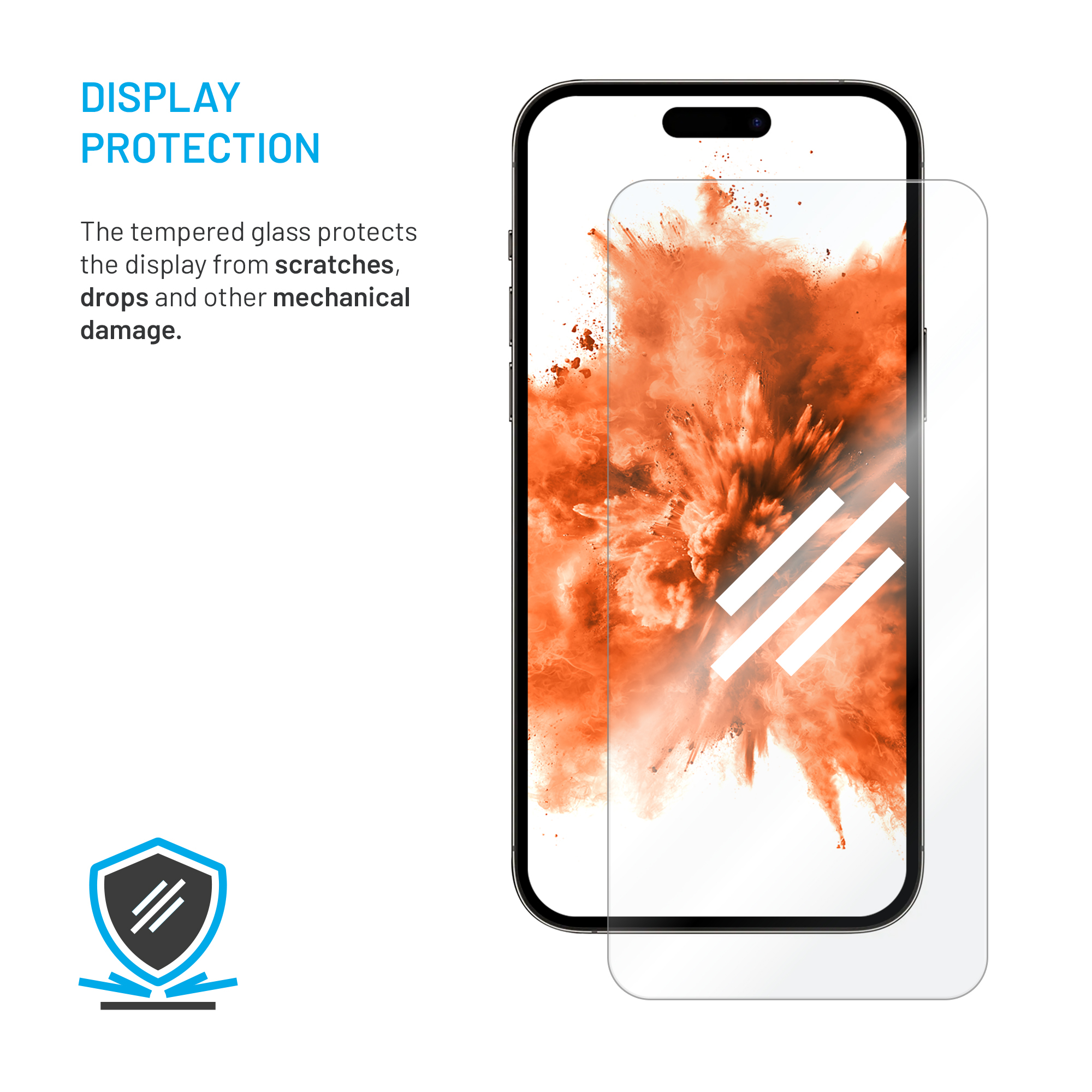 Smartphone mit Displayschutzfolie, orangem Hintergrund und Text über Display-Schutz vor Beschädigungen.