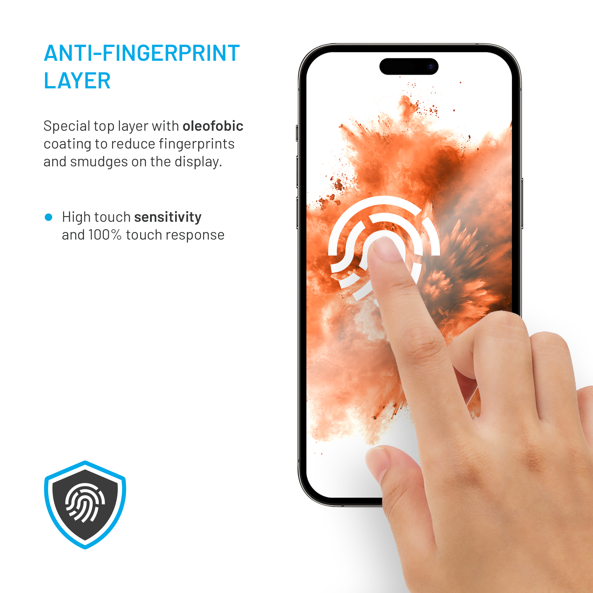 Smartphone mit Anti-Fingerprint-Schicht, während ein Finger das Display berührt.