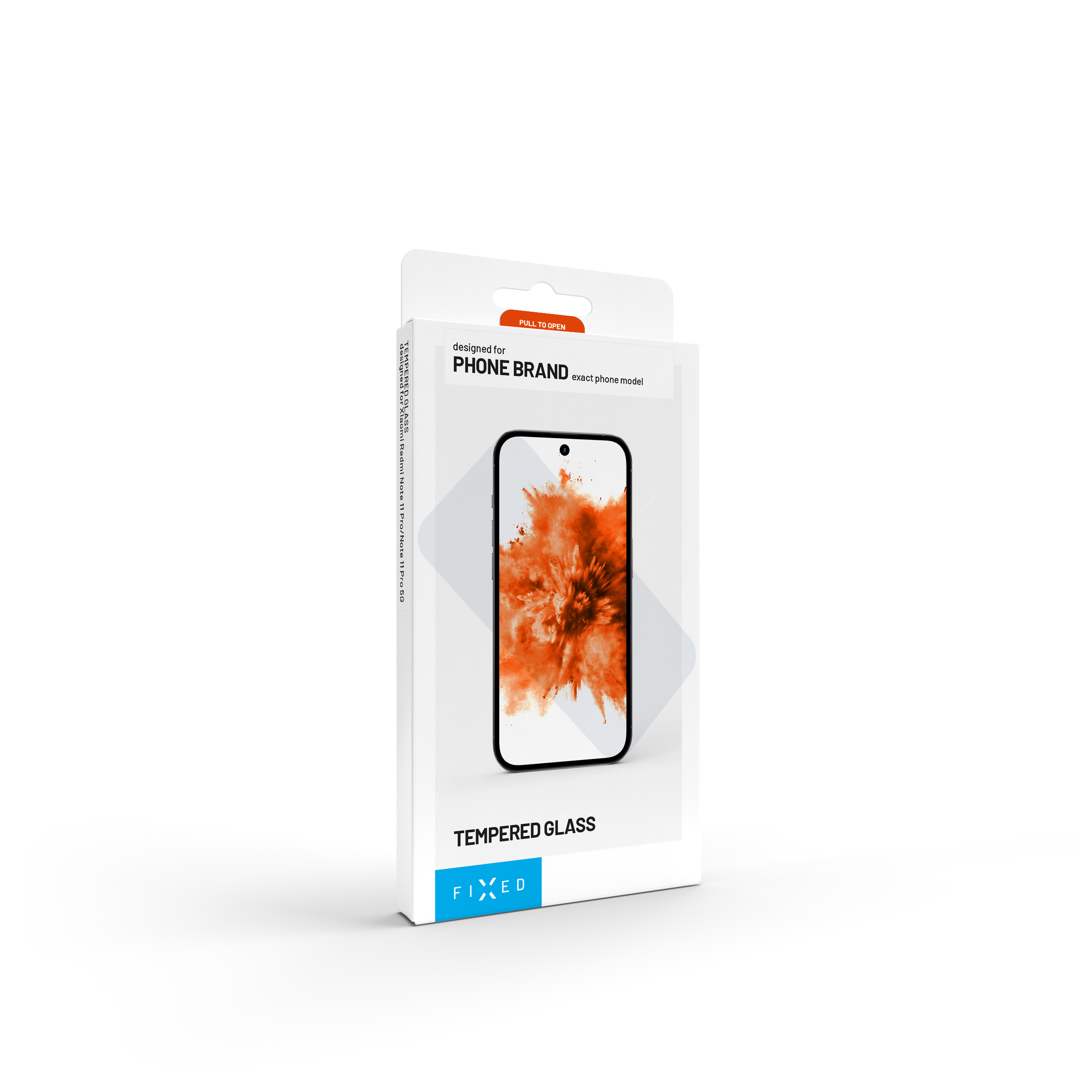 Eine weiße Produktverpackung für gehärtetes Glas mit aufgedrucktem Smartphone und FIXD-Logo.