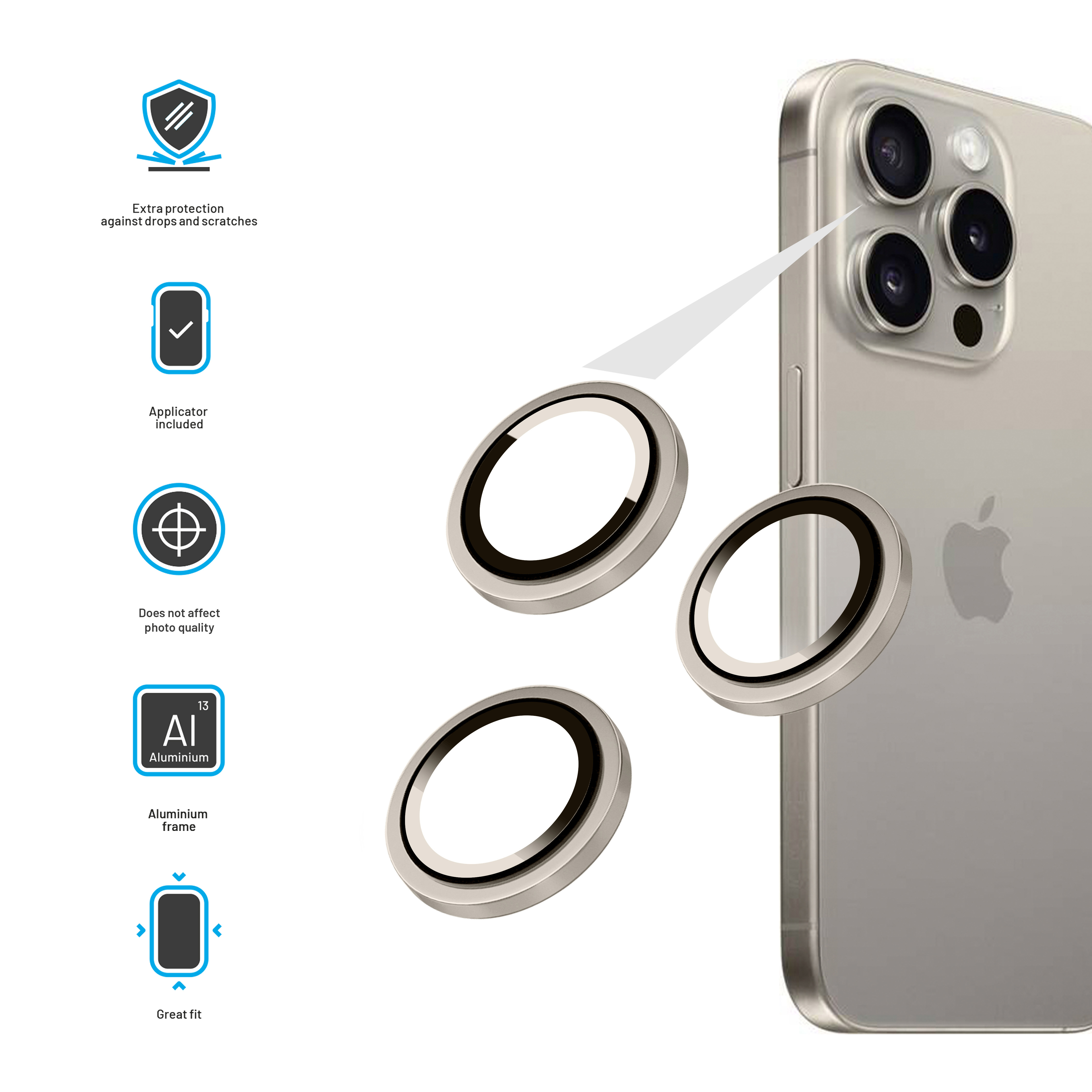 Smartphone mit Kamera-Schutzringen und fünf Feature-Symbolen auf der linken Seite.