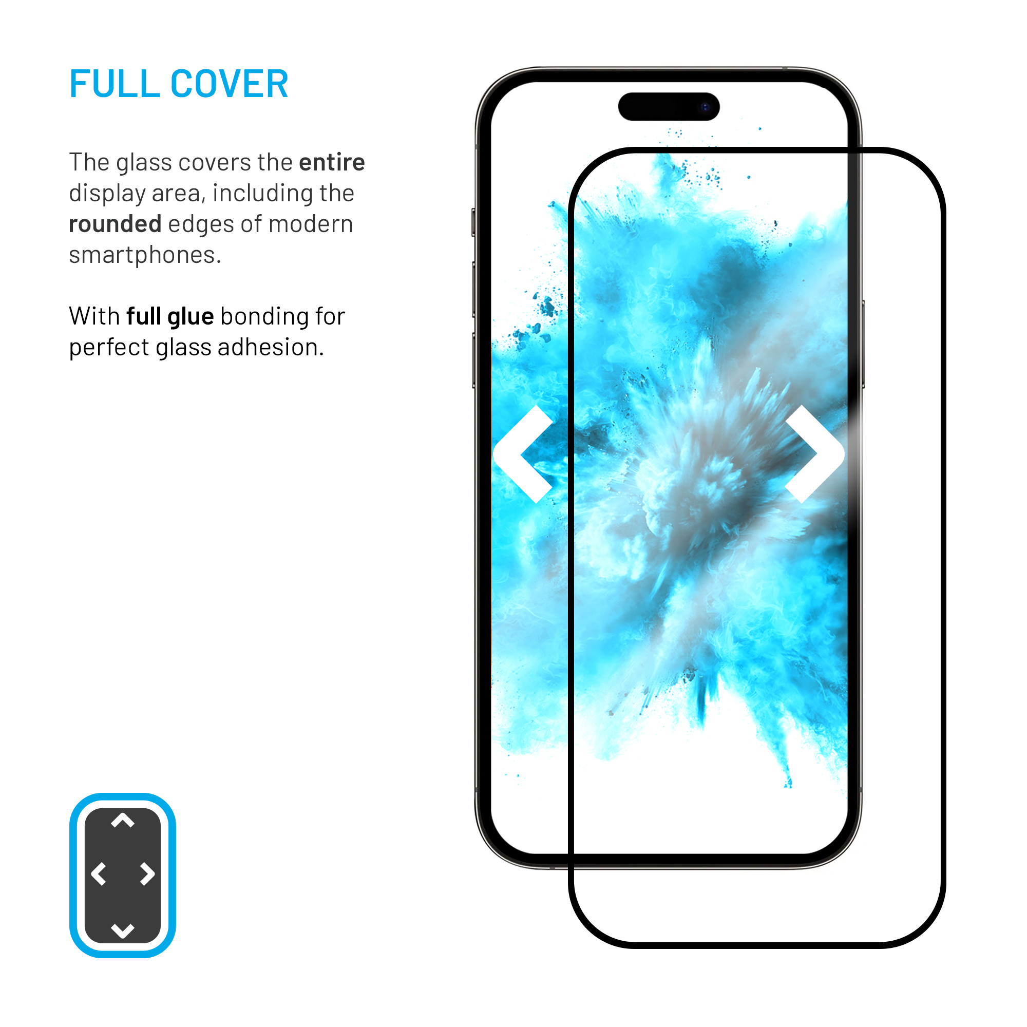 Smartphone mit vollflächigem Schutzglas und blauer Explosion auf dem Display.