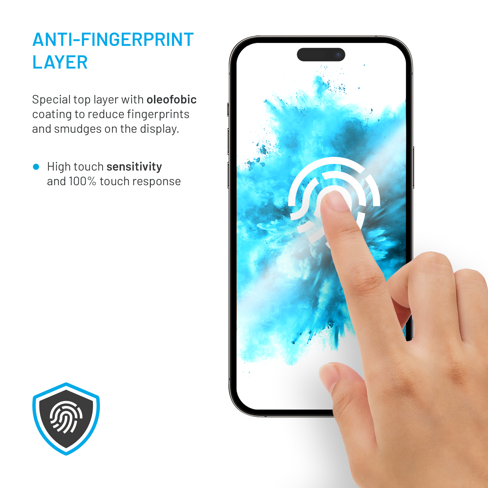 Hand berührt Smartphone-Display mit blauer Hintergrundgrafik und Fingerdruck-Symbol.