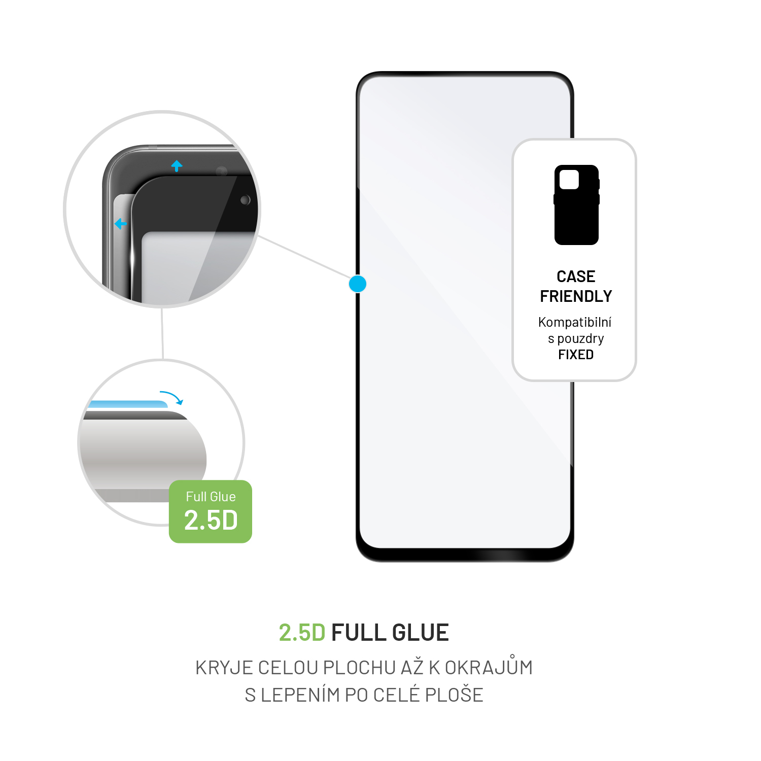 Diagramm zeigt 2.5D Full Glue Displayschutz mit Case-Friendly-Symbol und Details.