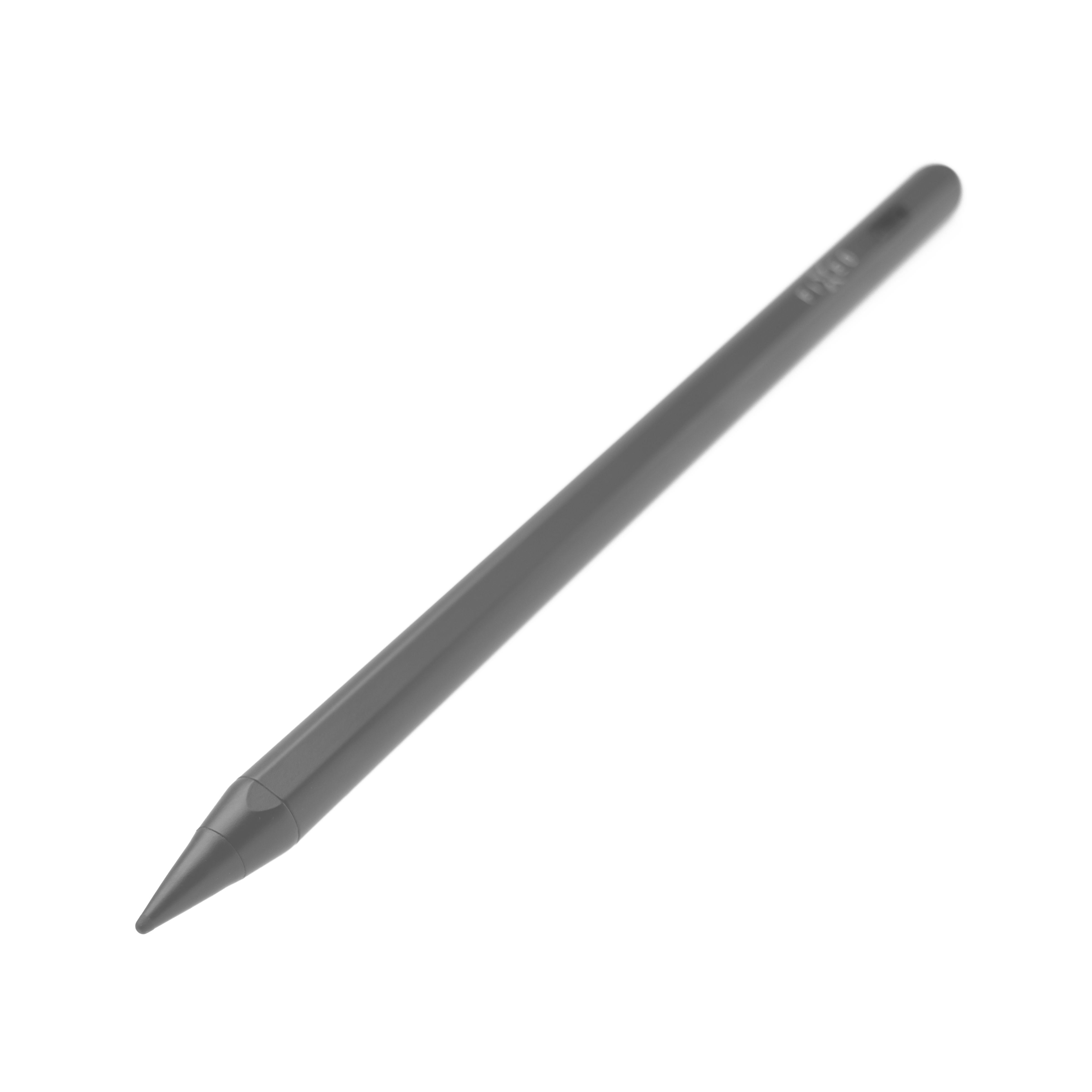 Ein schlanker, grauer Stift liegt schräg auf weißem Hintergrund.
