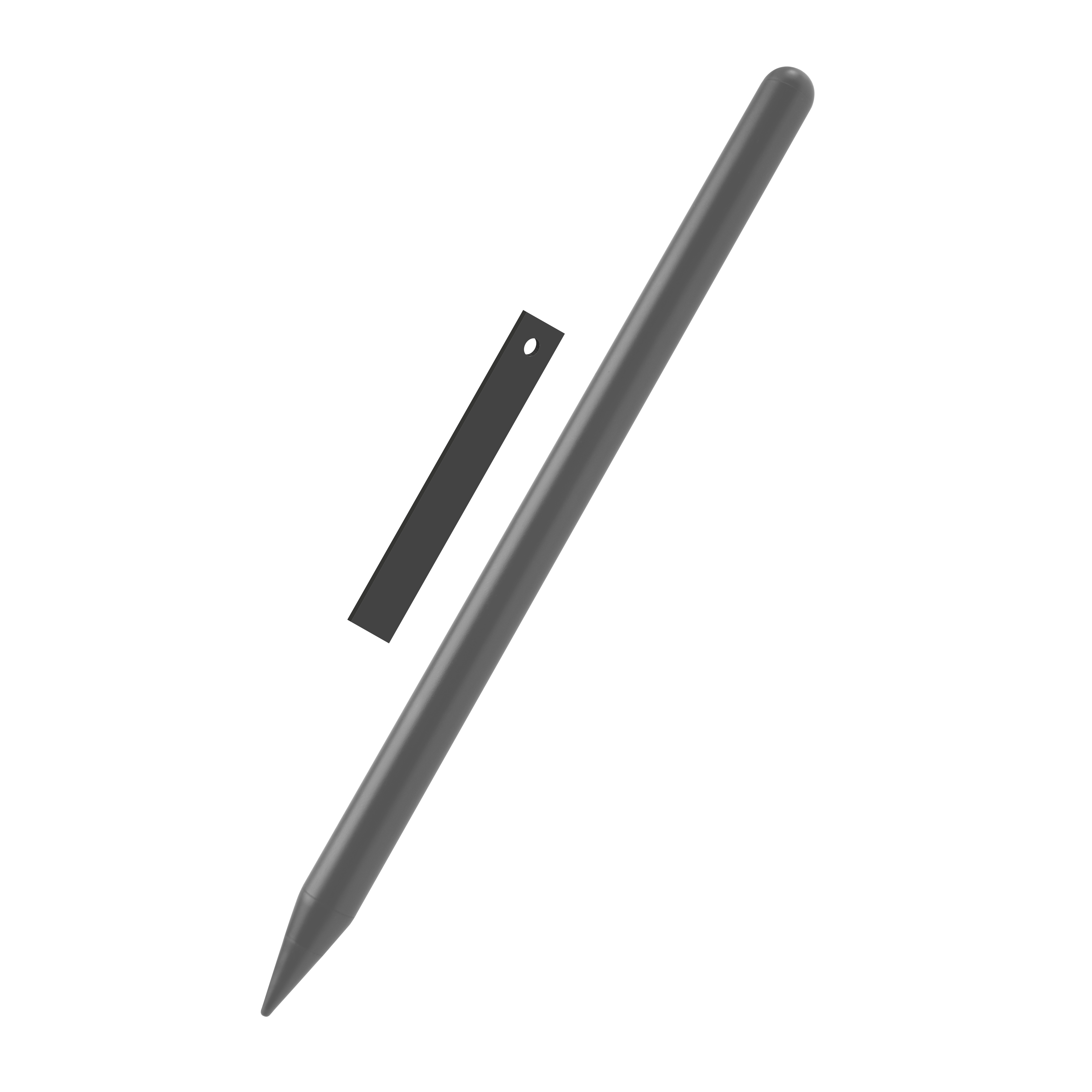Ein grauer Stift und ein kleiner rechteckiger Streifen mit Loch auf weißem Hintergrund.