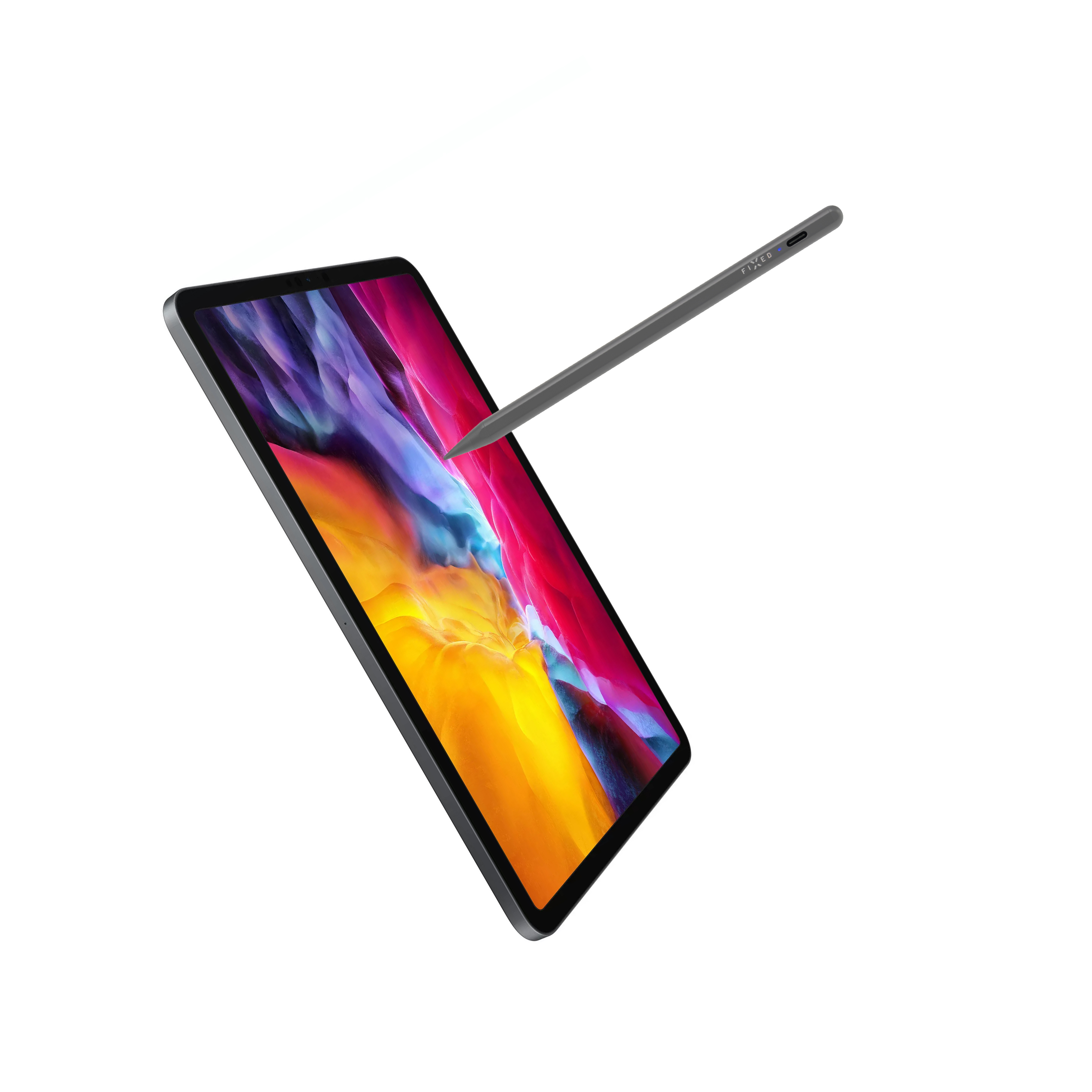 Ein dunkles Tablet mit einem bunten Bildschirm und einem grauen Stift schweben vor weißem Hintergrund.