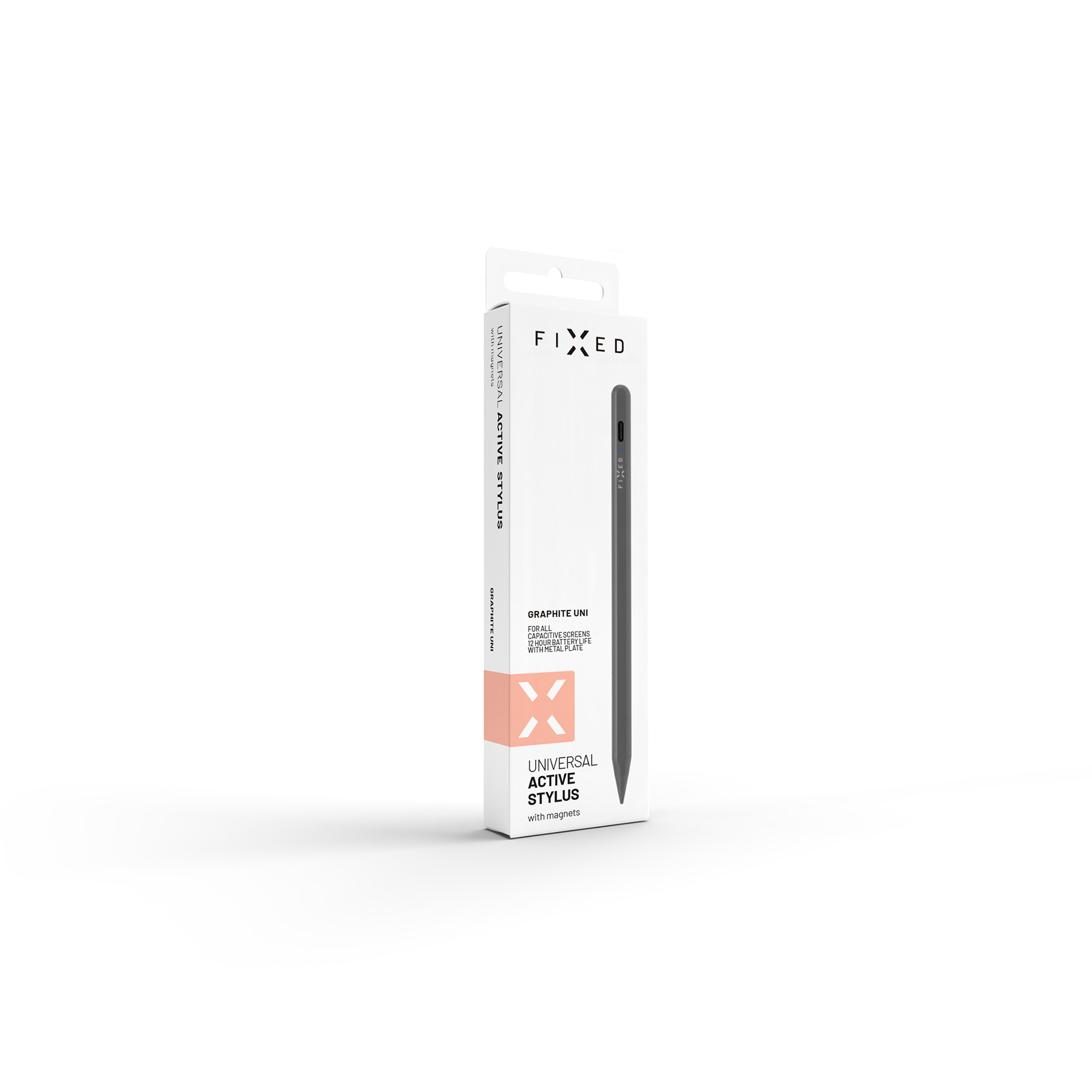 Weisse Verkaufsverpackung für FIXED Universal Active Stylus in Graphit auf weissem Hintergrund.