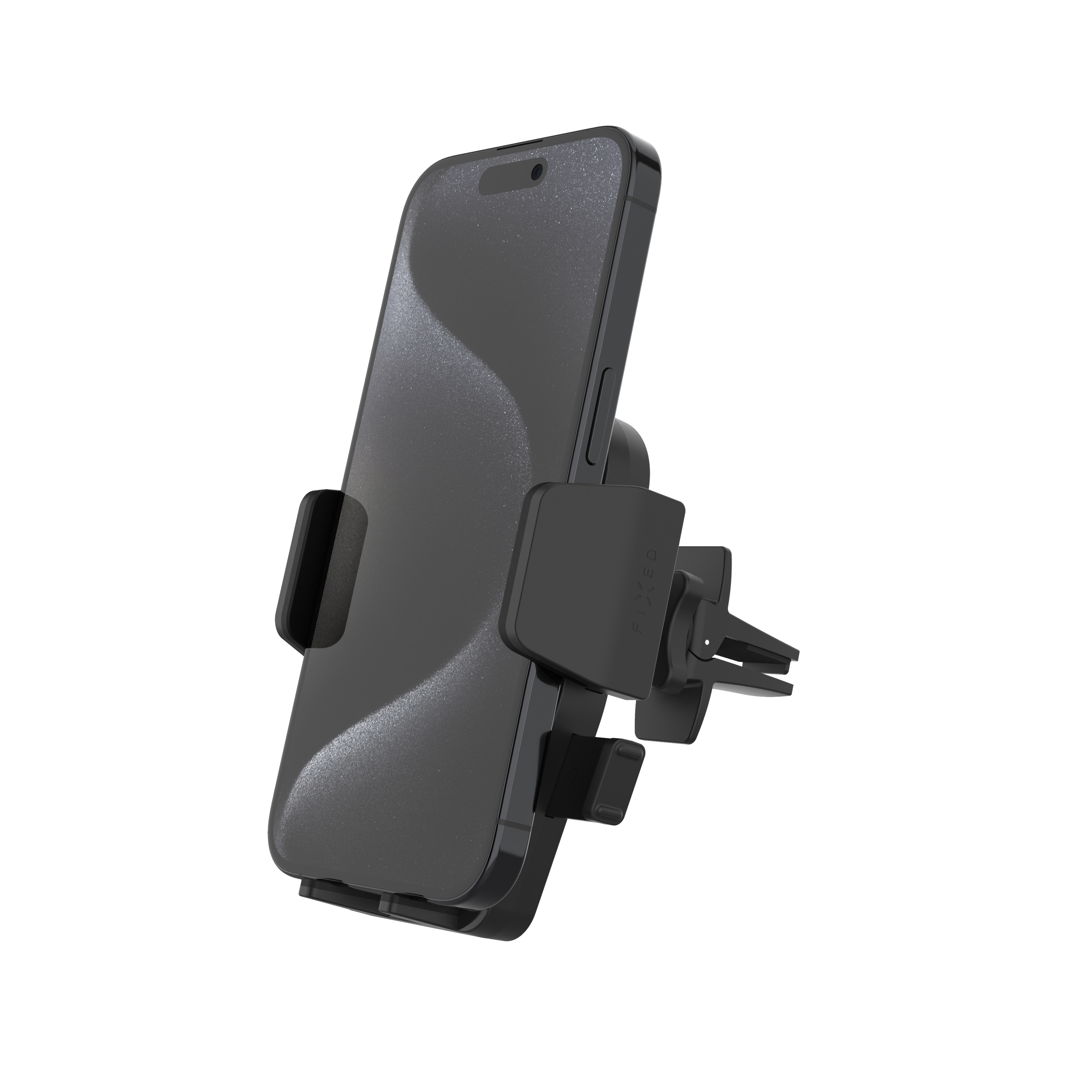 Ein schwarzes Smartphone ist in einer schwarzen Autohalterung mit Lüftungsschlitzklemme auf weißem Hintergrund befestigt.