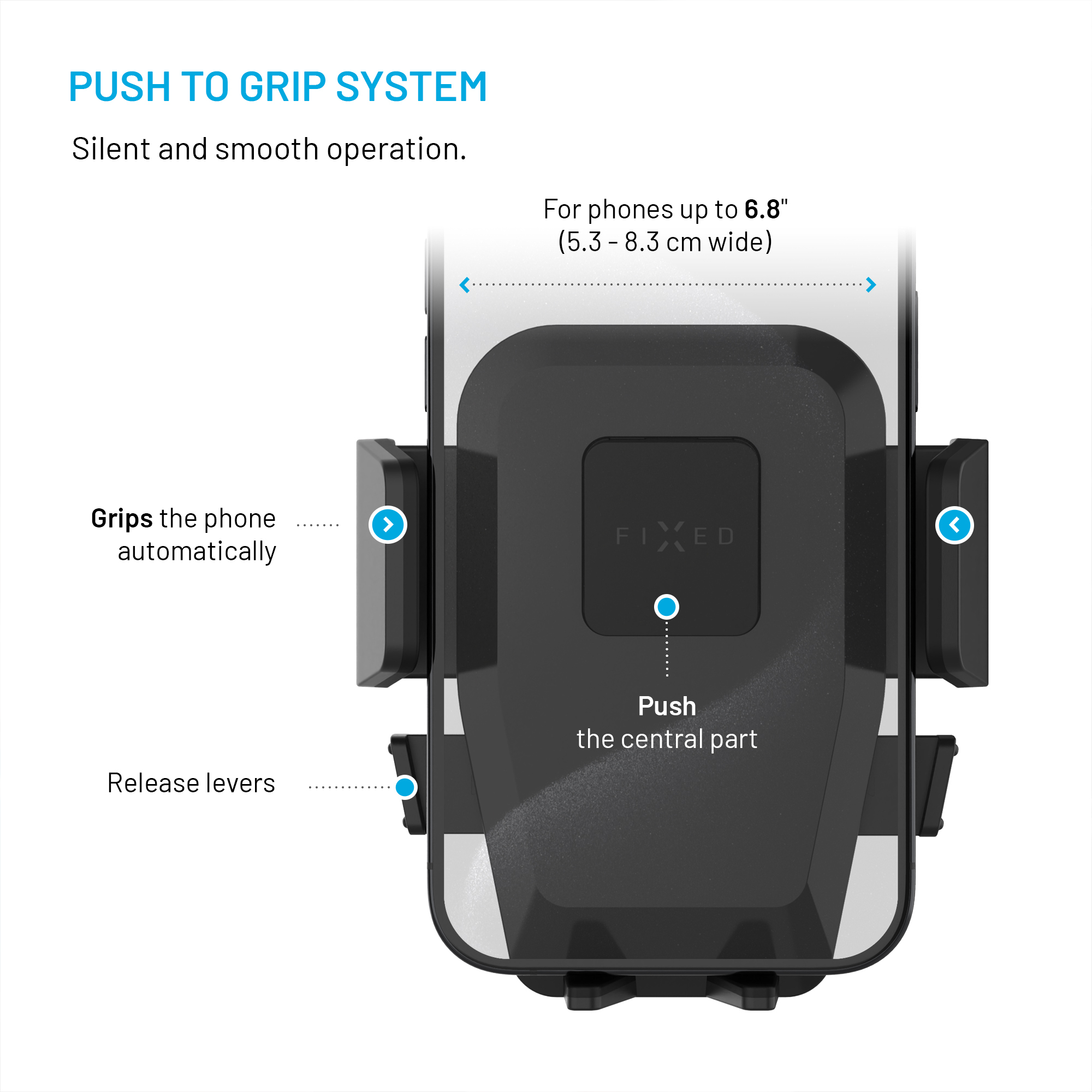 Diagramm zum Push-to-Grip-System eines schwarzen Telefonhalters mit beschrifteten Funktionen.