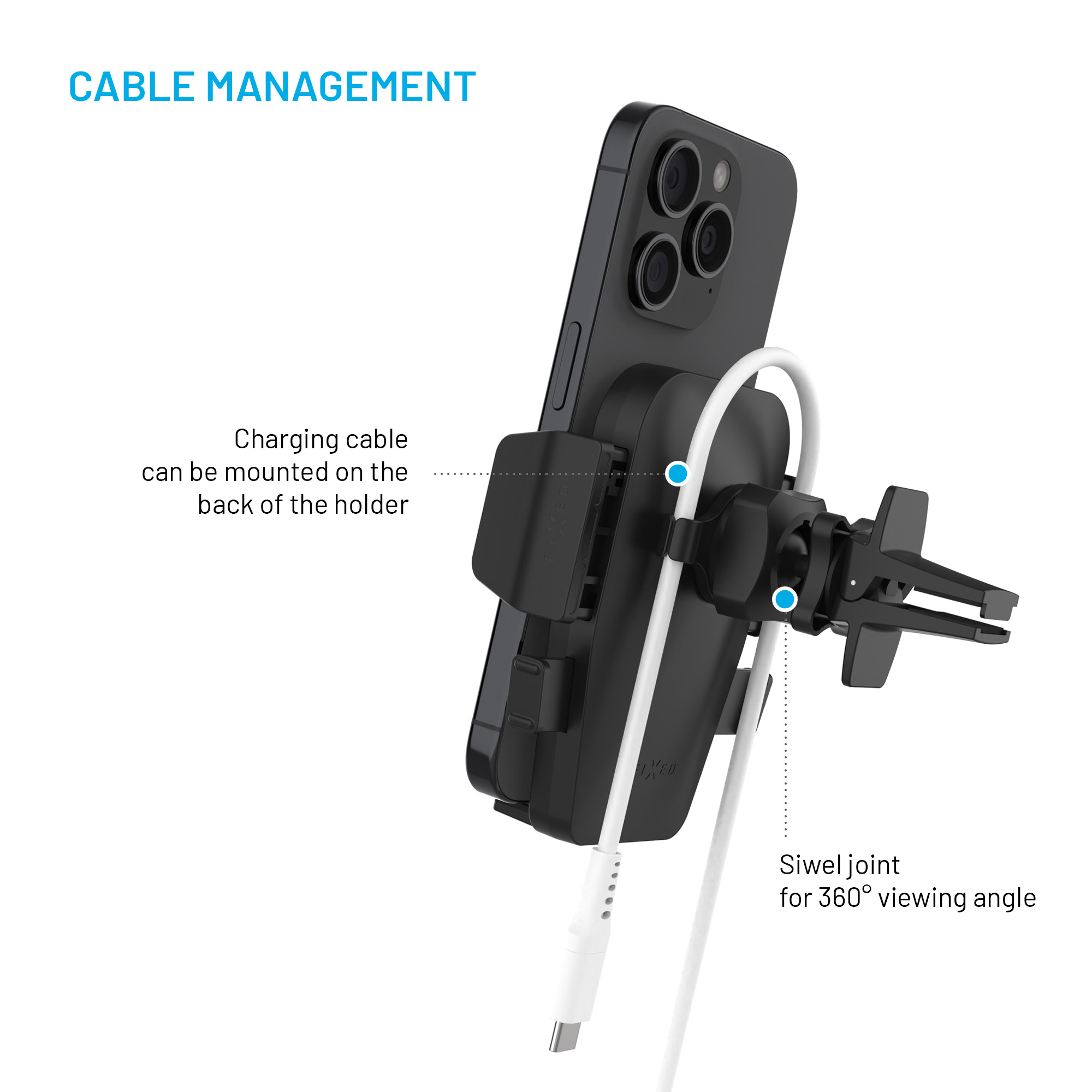 Schwarze Handyhalterung am Lüftungsgitter mit weißem Ladekabel und Text über Kabelmanagement.