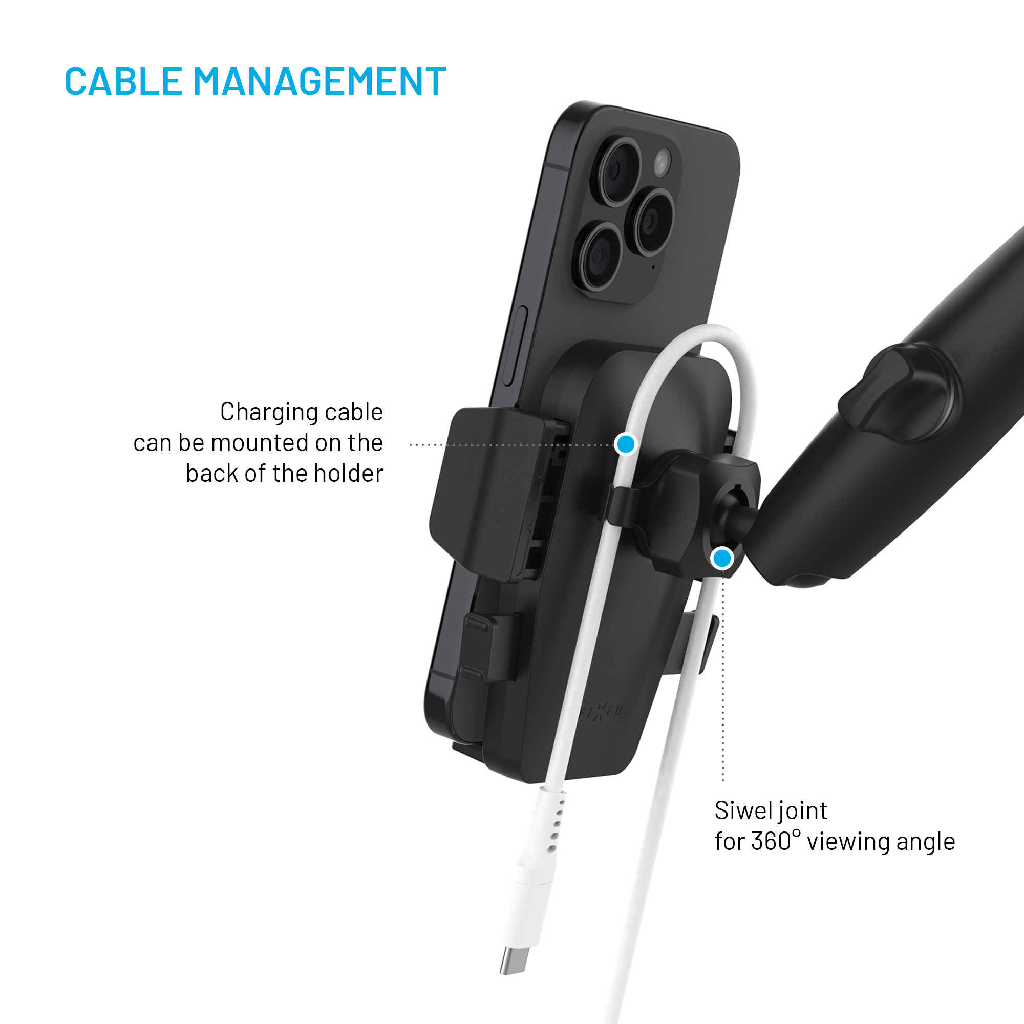 Smartphone im schwarzen Halter mit Kabelmanagement und Drehgelenk.
