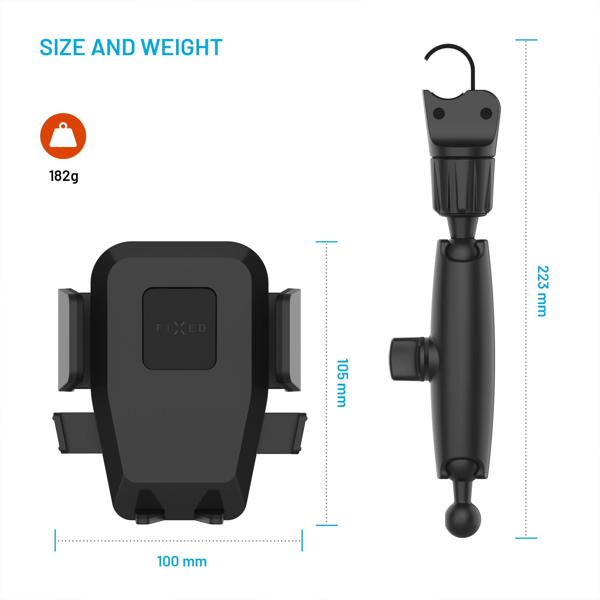 Diagramm zeigt Größe und Gewicht eines schwarzen Handyhalters mit Abmessungen 100x105mm, Länge 223mm und Gewicht 182g.