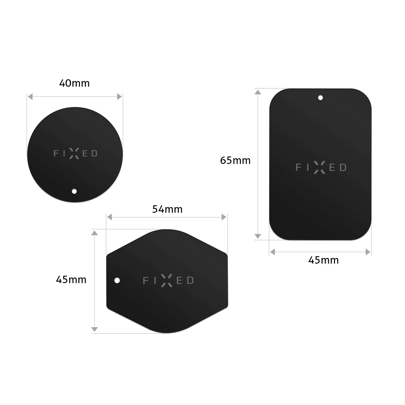 Technische Zeichnung von drei schwarzen magnetischen Platten der Marke FIXED mit Maßangaben in Millimetern.