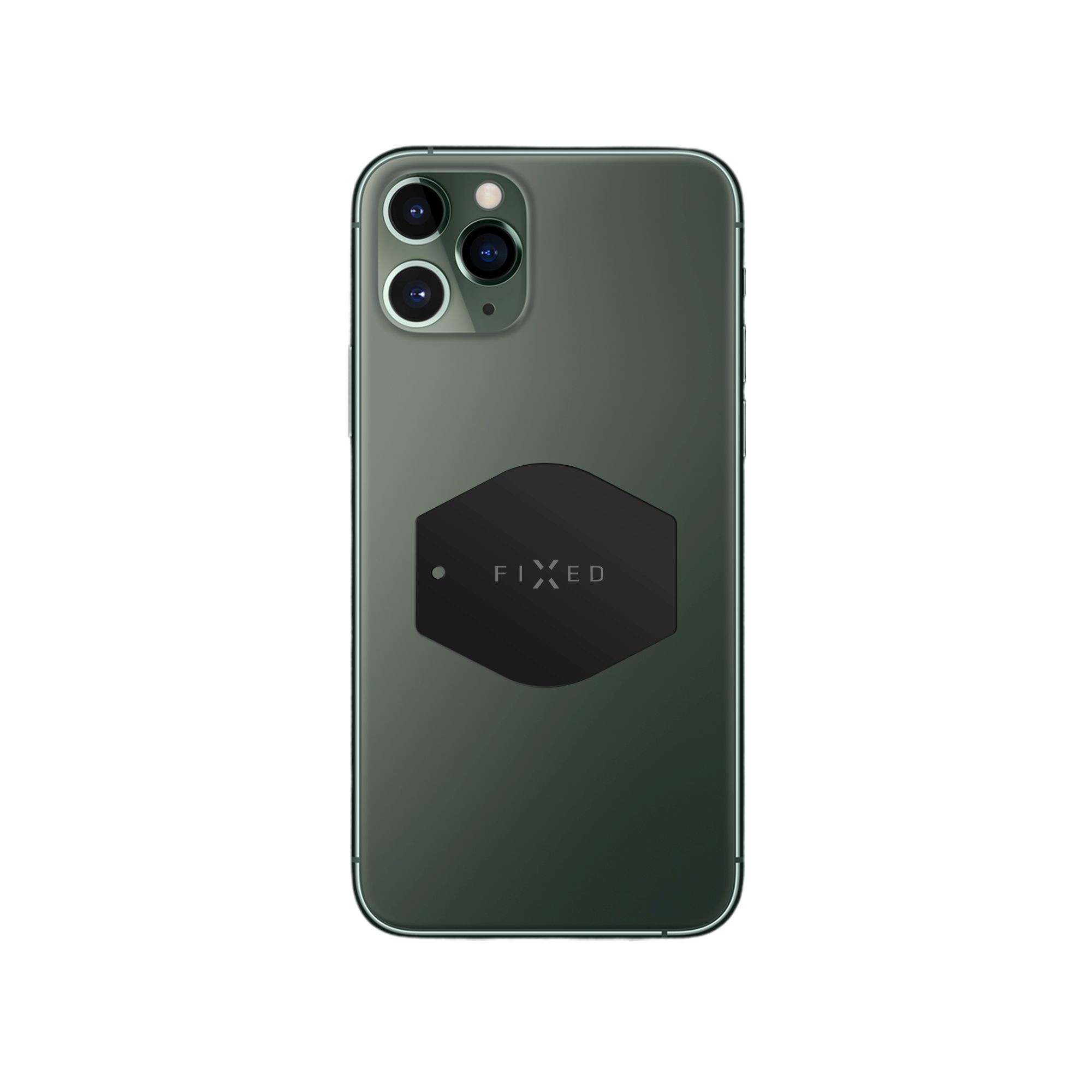 Dunkelgrünes Smartphone mit drei Kameras auf der Rückseite und einem schwarzen, sechseckigen FIXD-Aufkleber.