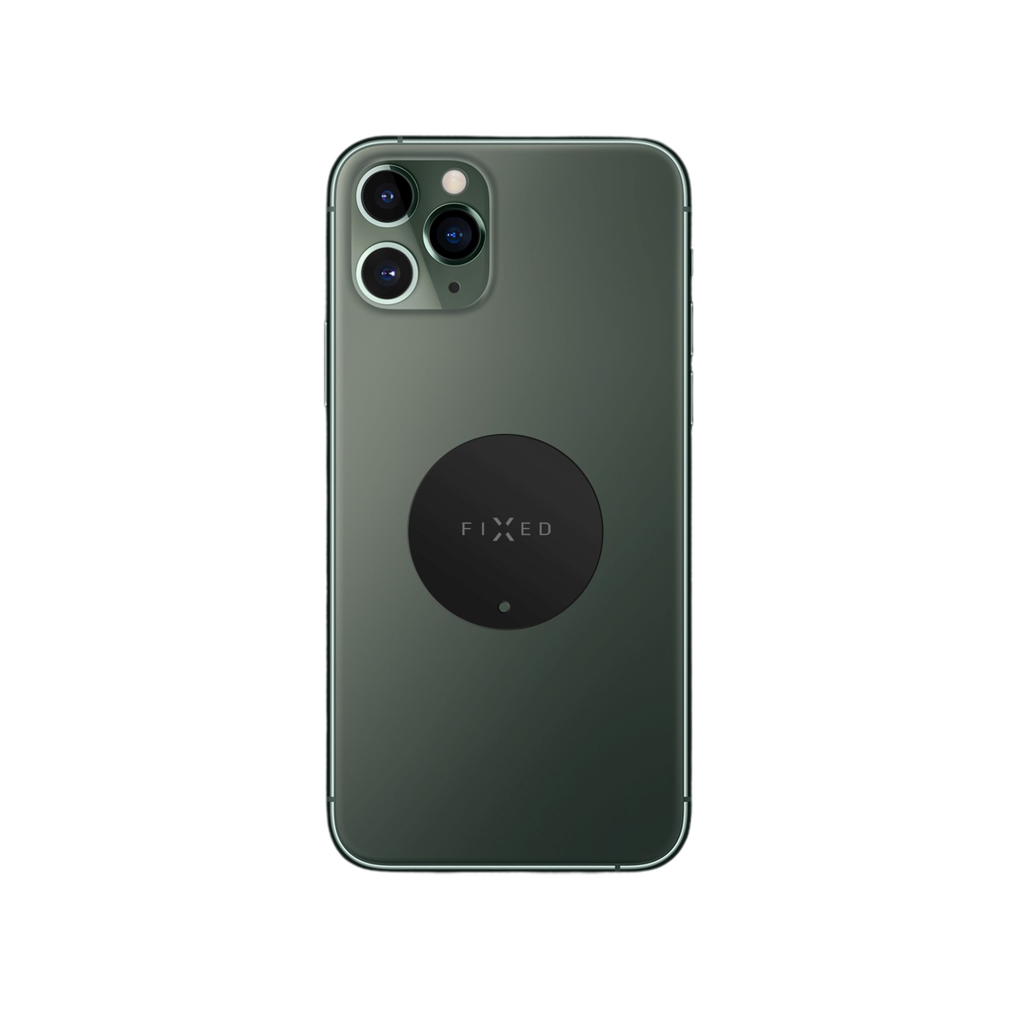 Dunkelgrünes Smartphone von hinten, mit drei Kameras und einem runden schwarzen Aufkleber in der Mitte.