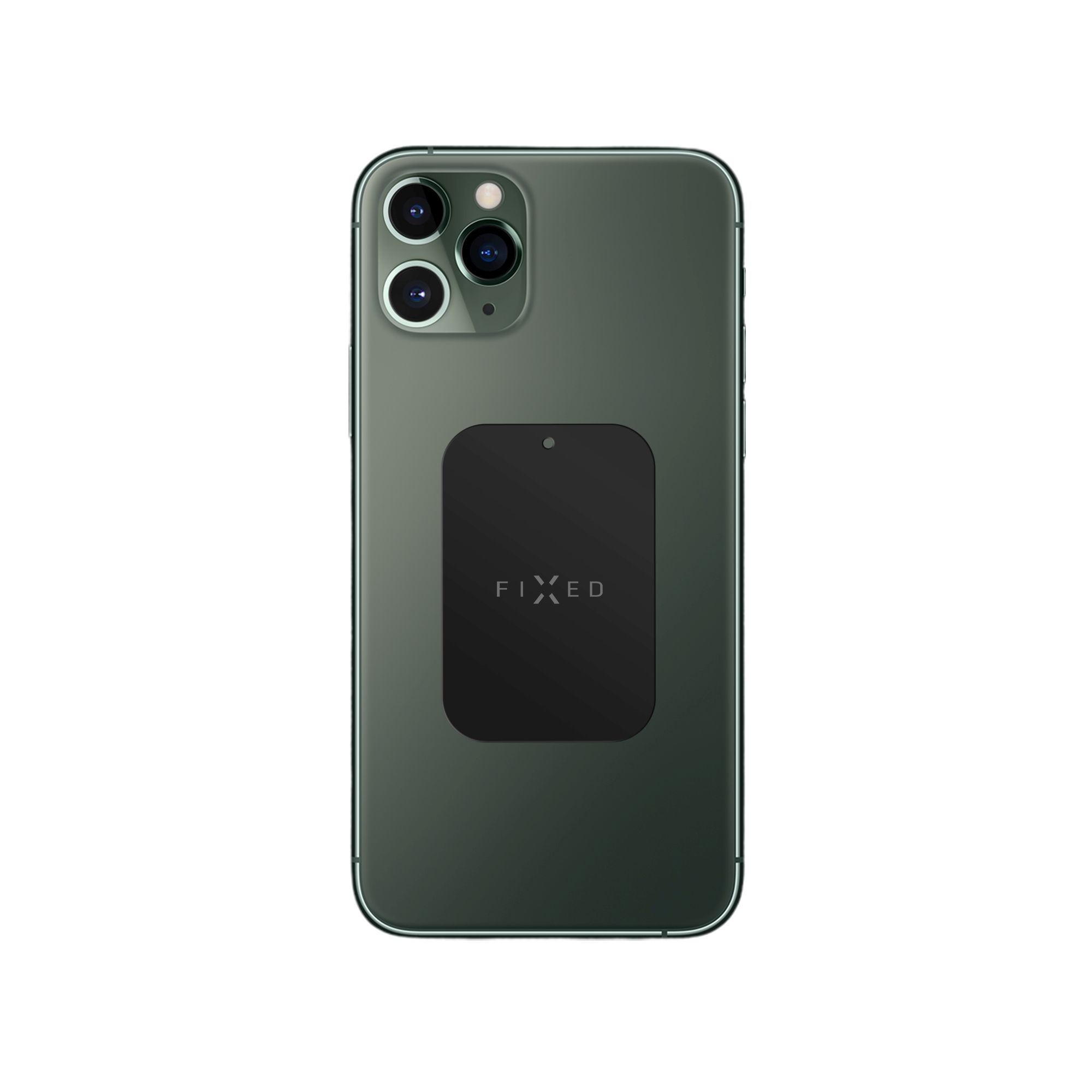 Rückseite eines dunkelgrünen Smartphones mit einer quadratischen schwarzen Magnethalterung und der Aufschrift FIXED.
