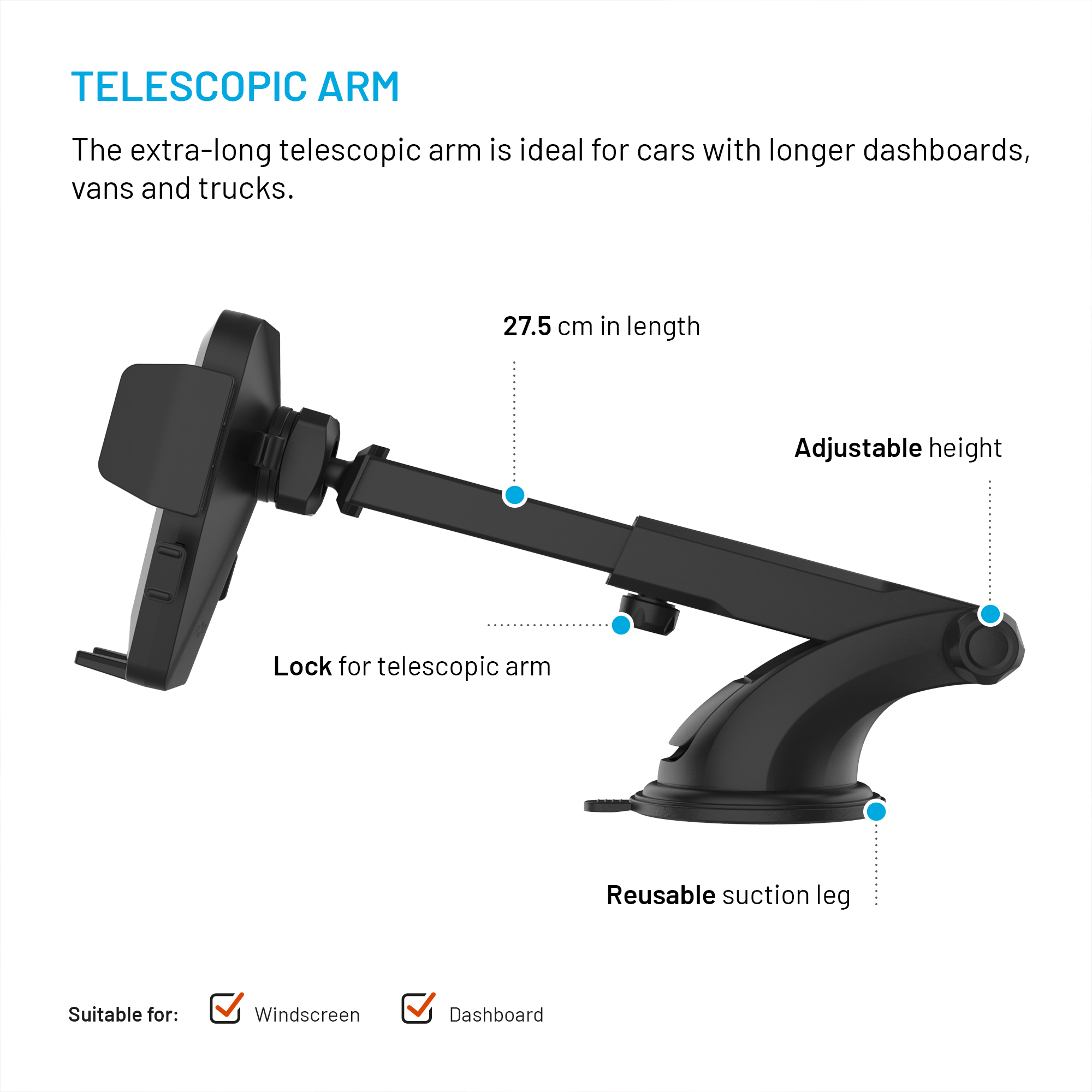 Diagramm eines schwarzen Teleskop-Kfz-Handyhalters mit Saugnapf und verstellbarem Arm.