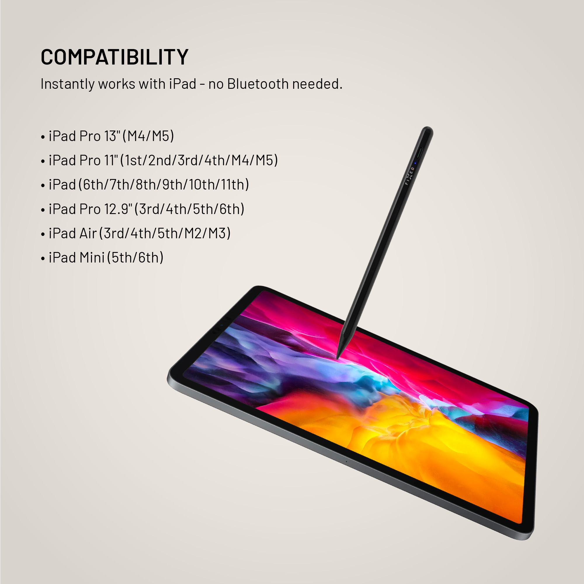 Kompatibilitätsliste für iPad mit Stylus-Stift auf einem farbigen Display.